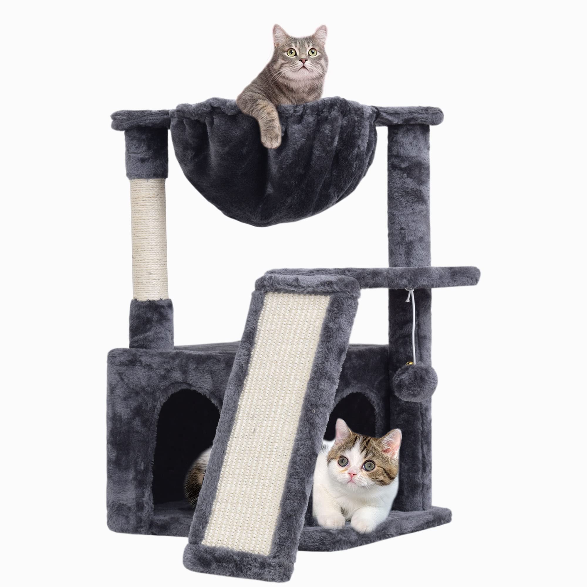 SYANDLVY 23.62" Cat Tree for Indoor Large Cats, Cat Tower with Scratching Posts, Modern Cat Bed Furniture with Condo & Basket (Scratching Board-Smoky Grey)