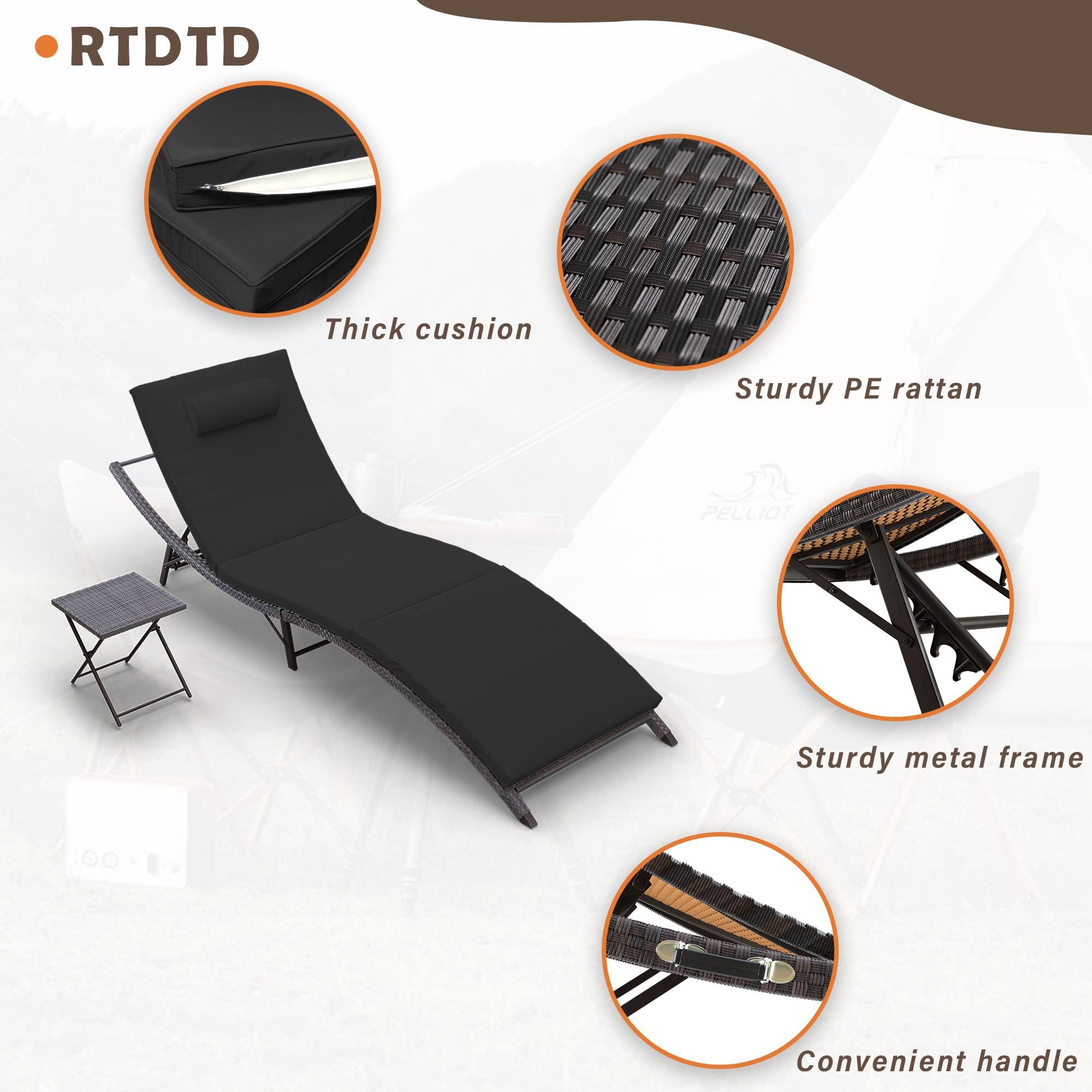 RTDTD 3 Pieces Patio Chaise Lounge Set Outdoor PE Rattan Lounge Chair Adjustable Backrest Reclining Chair with Folding Table and Cushion for Patio Poolside Backyard Porch Beach(Black)