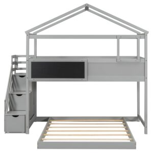 MERITLINE Bunk Bed Twin Over Full with Storage Staircase and Blackboard,Wooden House Bunk Beds Frame for Kids, Boys,Girls, No Box Spring Needed(Gray)