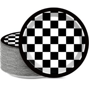 48 pieces black and white checkered flag party paper plates for race car party supplies 7" racing car theme disposable dessert plates for boys men birthday baby shower race fans party decorations