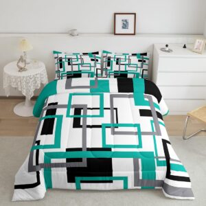 erosebridal square comforter set for teens youth,black white blue bedding set,geometric quilt set modern bedroom decor,mid century grid duvet insert with 2 pillowcases lightweight warm,queen