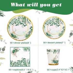 Gudvilla Sage Green Party Decorations, Sage Green Plates, Baby Shower Plates and Cups and Napkins Sets 200 Pcs, Eucalyptus Bridal Shower Plates for Sage Green Birthday Wedding Baptism, Serves 50