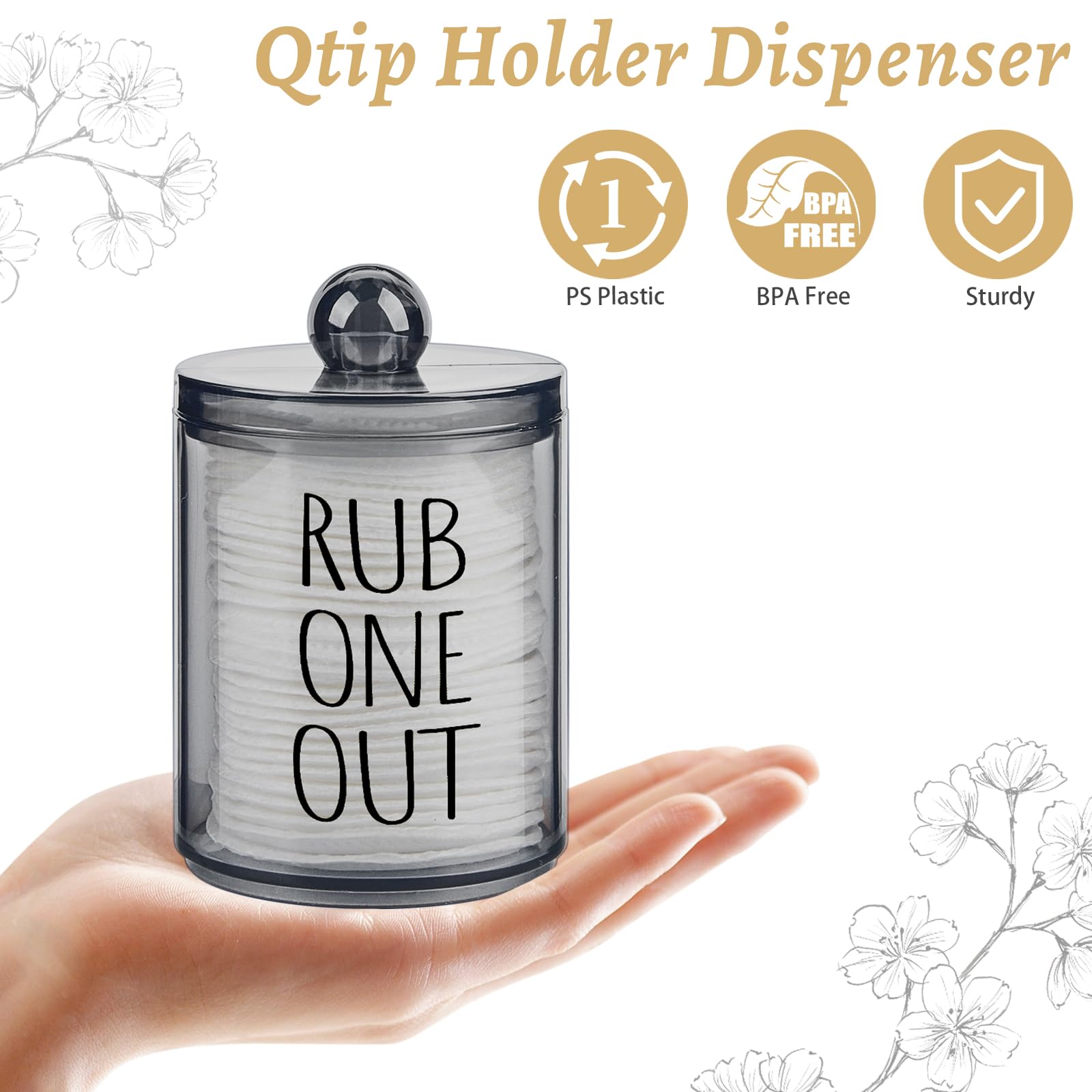 4 Pack Qtip Holder Dispenser with Lids and Labels - 10 oz Acrylic Apothecary Jars Plastic Bathroom Vanity Canister Organizer for Cotton Balls, Pads, Swabs, Floss (Black)