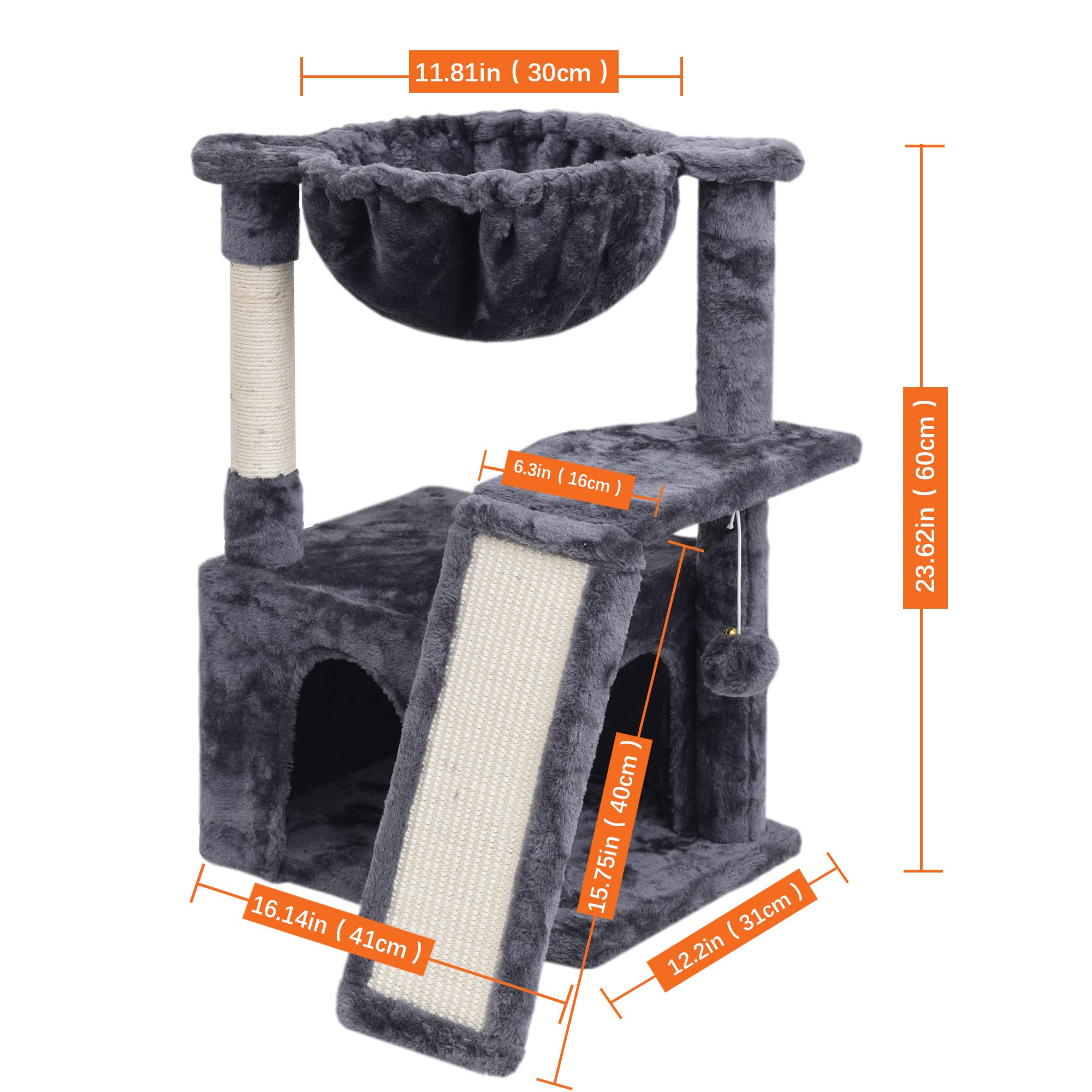 SYANDLVY 23.62" Cat Tree for Indoor Large Cats, Cat Tower with Scratching Posts, Modern Cat Bed Furniture with Condo & Basket (Scratching Board-Smoky Grey)