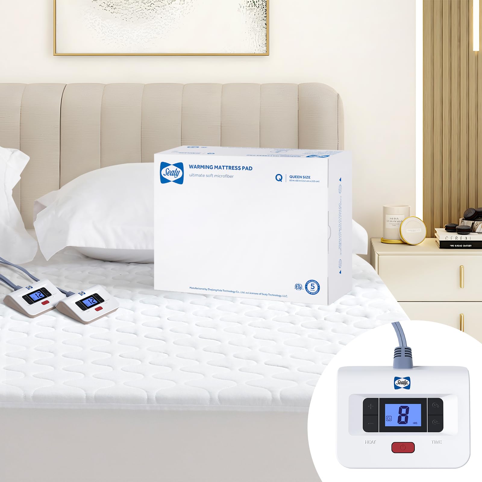 Sealy Heated Mattress Pad Queen Size, Luxury Quilted Electric Bed Warmer with Dual Controller 10 Heat Settings & Auto Off 1-12 Hours | Fit Up to 17" Deep Pocket | ETL Certified | Machine Washable