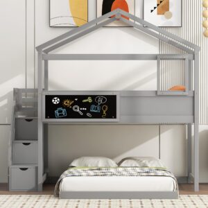 MERITLINE Bunk Bed Twin Over Full with Storage Staircase and Blackboard,Wooden House Bunk Beds Frame for Kids, Boys,Girls, No Box Spring Needed(Gray)