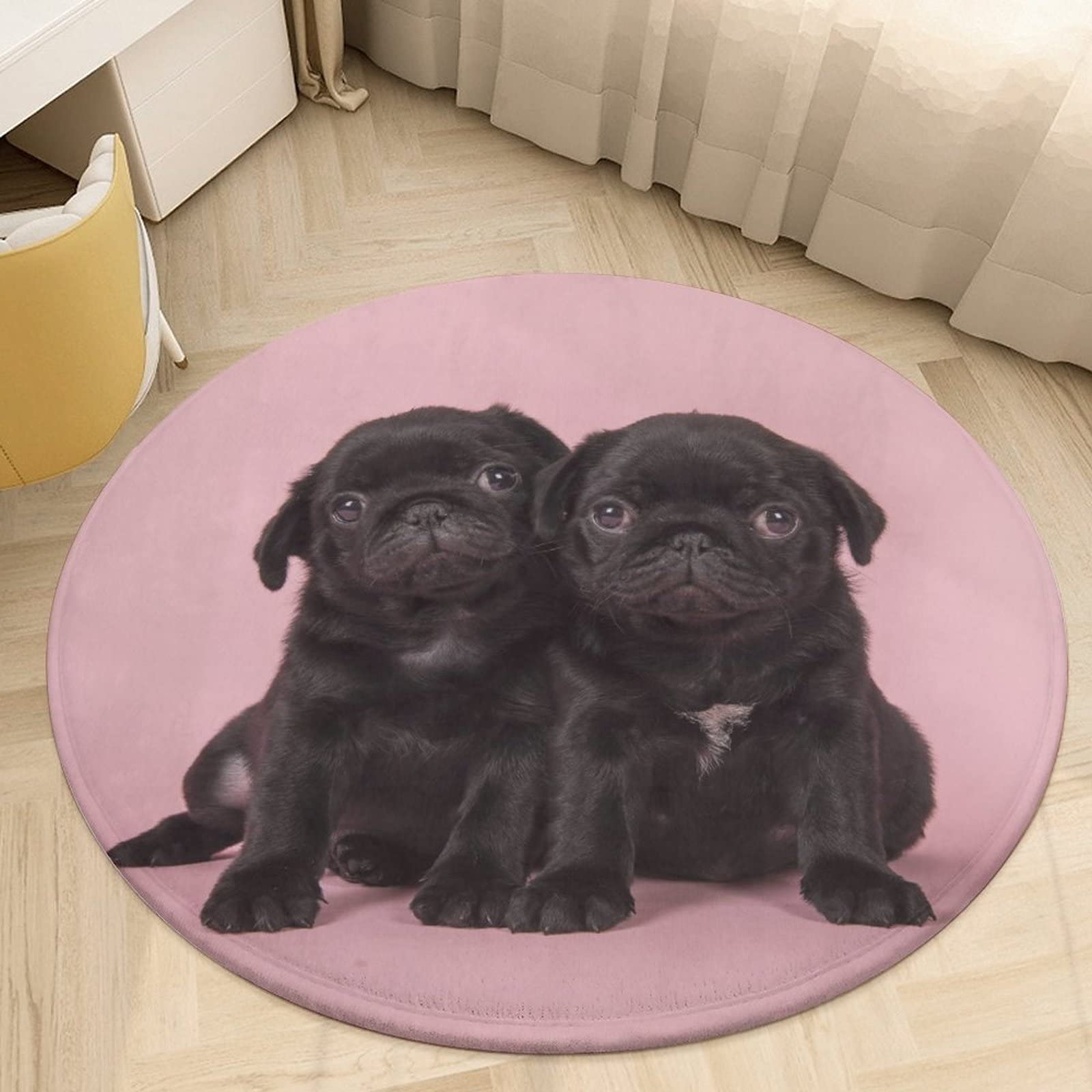 KiuLoam Cute Black Pug Dog Rug Non-Slip Round Area Rug for Bedroom Living Room Study Playing, Sofa Nursery Carpet Floor Mat,80 x 80cm Round