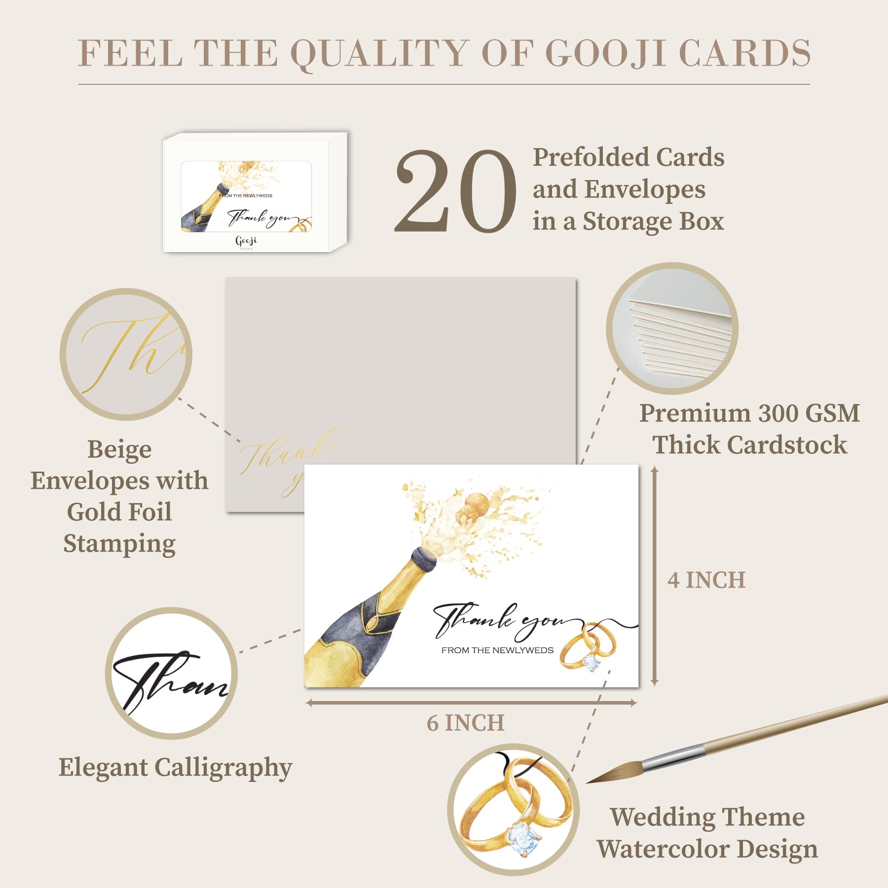 Gooji Wedding Thank You Cards with Matching Envelopes, 4x6 Inches, 20 Count, White and Beige