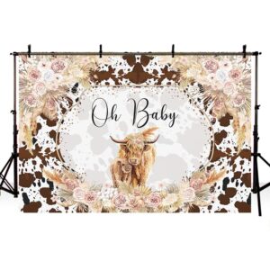 AIBIIN 7x5ft Highland Cow Baby Shower Backdrop Holy Cow Oh Baby Party Decorations for Boys Girls Pink Boho Floral Brown Highland Cattle Farm Photography Background Banner Photo Props