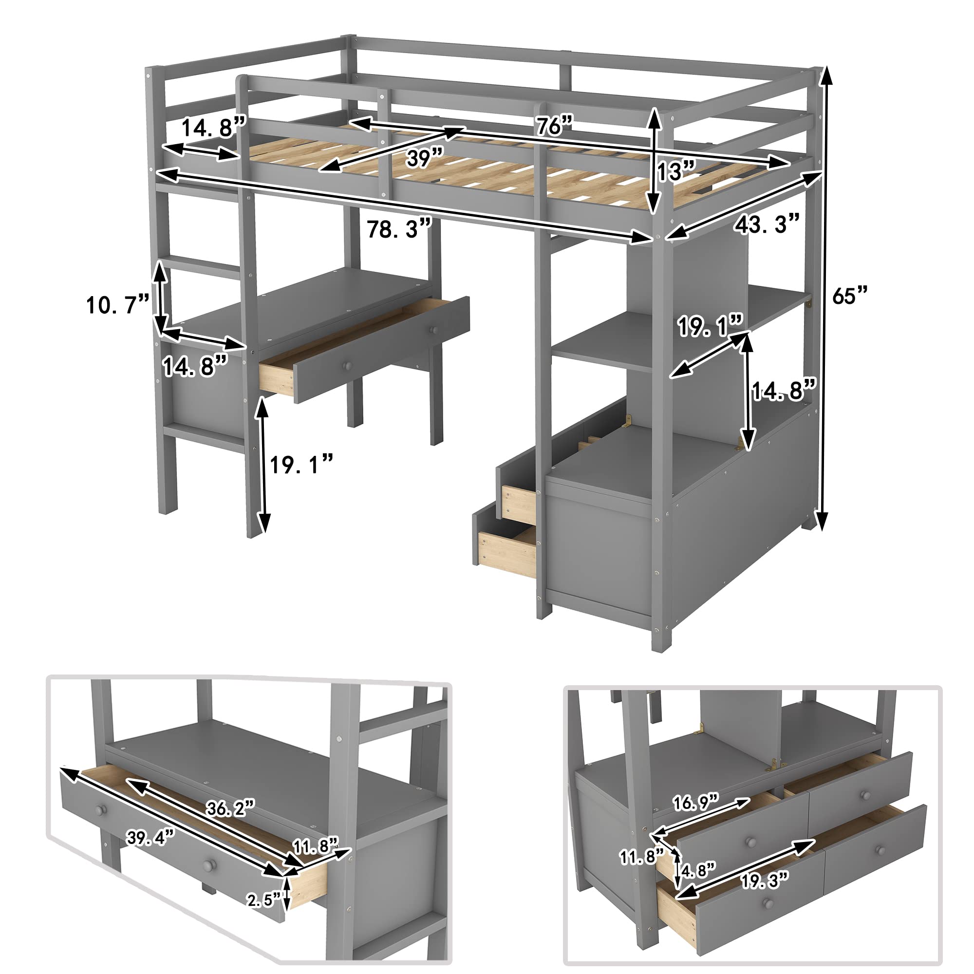 Harper & Bright Designs Twin Size Loft Bed with Desk and Storage, Solid Wood Twin Loft Bed with Storage Shelves and Drawers for Girls Boys Teens Adults,No Box Spring Needed (Twin,Grey)