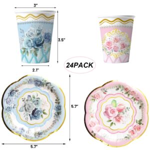 WorldBazaar Tea Party Cups and Saucers 24 Sets Floral Paper Cups with Handles 9oz Tea Party Decorations Flower Birthday Party Supplies Garden Baby Shower bulk