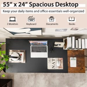 Multifunctional Computer Desk, Industrial Study Writing Desk w/Removable Storage Shelf, Heavy-Duty Metal Frame, 55 Inch Desk for Home Office, Gaming Room, Bedroom (Black)