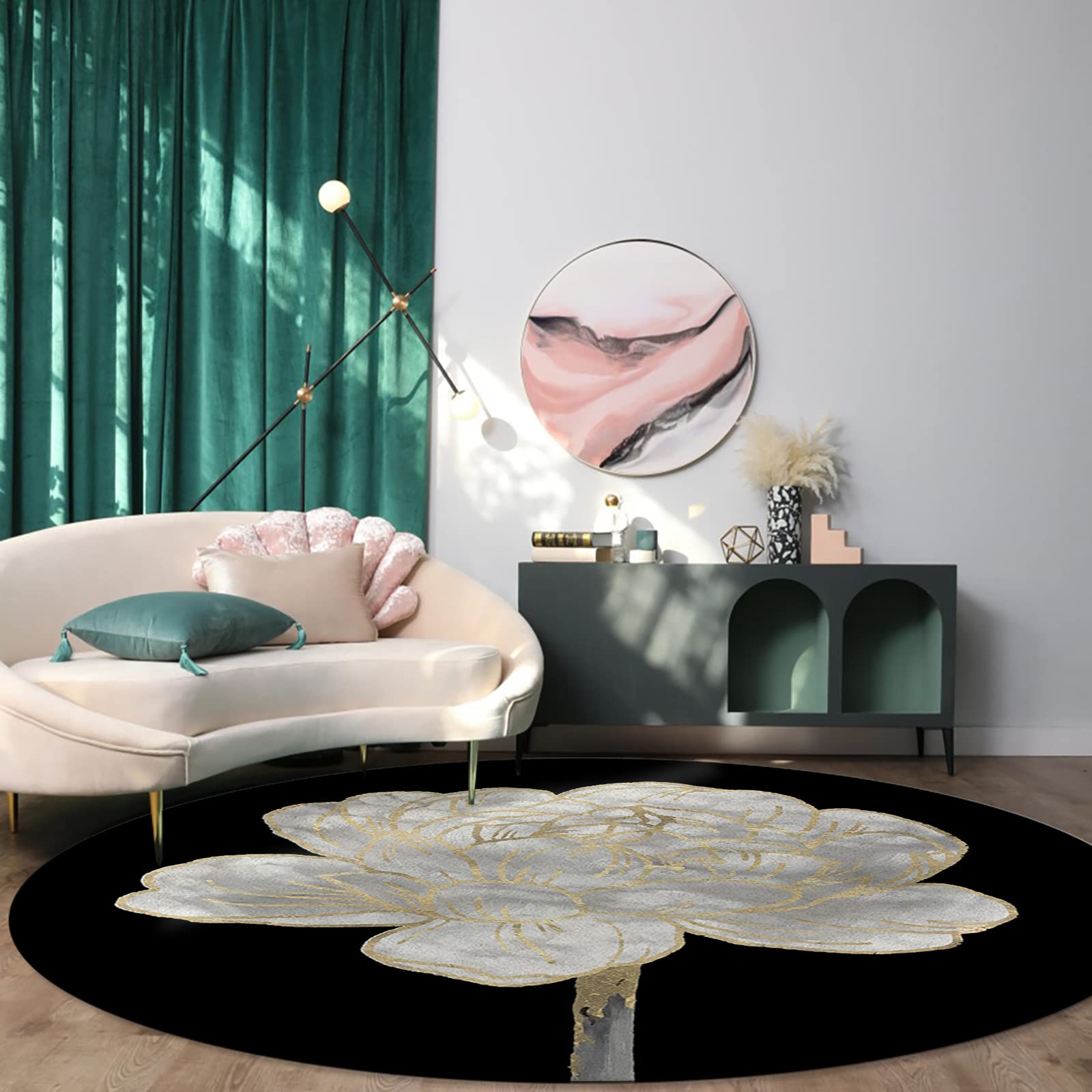 Abstract White Floral Round Area Rug 3.3ft,Washable Outdoor Indoor Carpet Runner Rug for Bedroom,Kitchen,Living Room,Spring Botanical Flower Gold Line Black Area+Rug Small Bath Door Desk Floor Mat