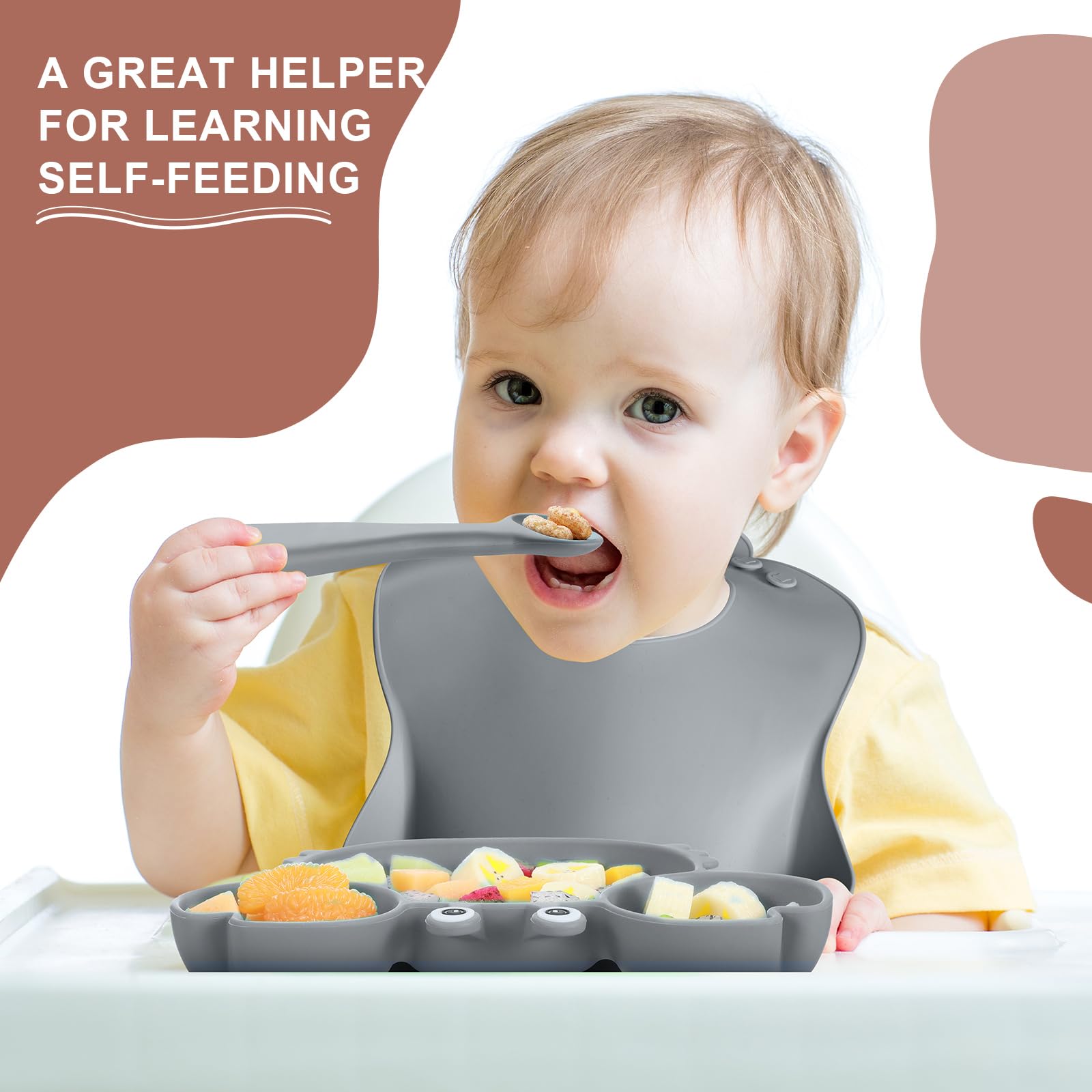 10 Pcs Baby Led Weaning Supplies, Silicone Baby Feeding Set with Divided Plate Adjustable Bib Suction Bowl Soft Spoon Fork, Toddler Self Eating Utensil Set (Khaki, Dark Gray)