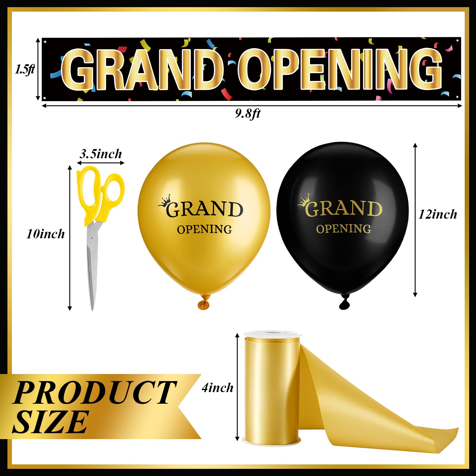 Grand Opening Ribbon Cutting Ceremony Kit Grand Opening Banner Grand Opening Decorations with 10'' Scissors 40 Pcs Balloons Satin Ribbon Bows and More Supplies for Business Events (Black Gold)