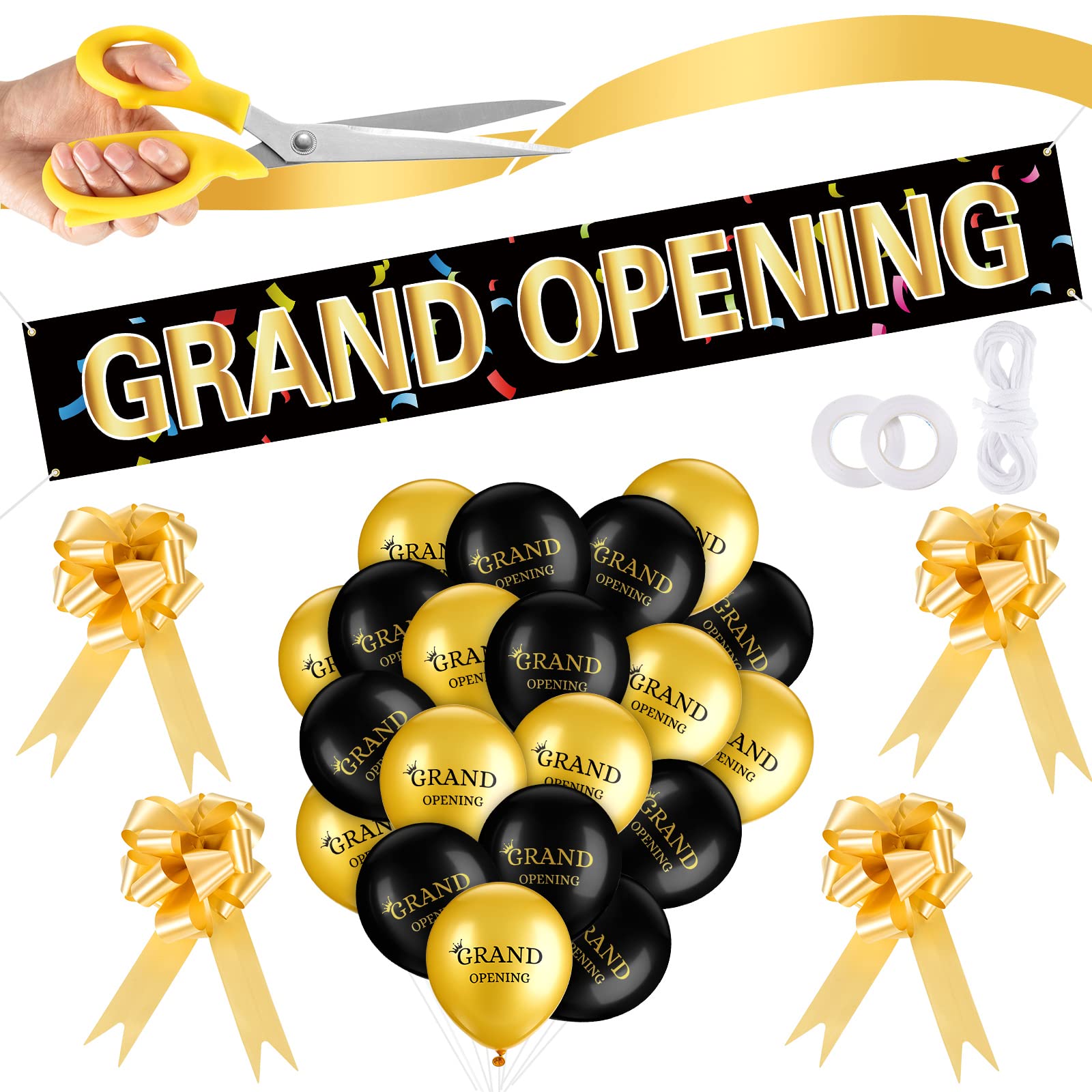 Grand Opening Ribbon Cutting Ceremony Kit Grand Opening Banner Grand Opening Decorations with 10'' Scissors 40 Pcs Balloons Satin Ribbon Bows and More Supplies for Business Events (Black Gold)