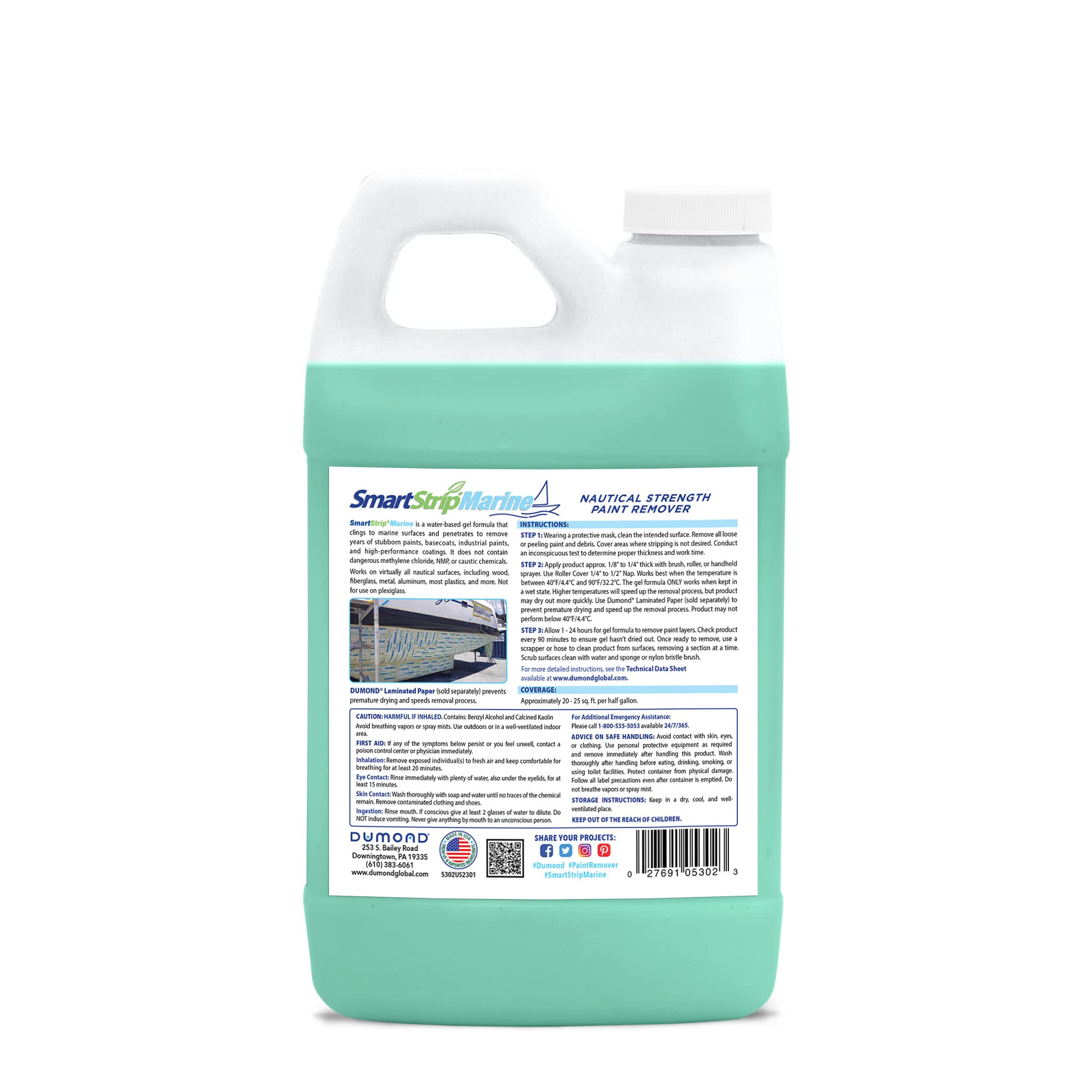 Smart Strip Marine Paint Remover - For Wood, Fiberglass, Metal, & Aluminum Boats & More - Strip Up to 15 Layers of Polyurethane & Acrylic Top & Bottom Marine Coatings - Works Inside & Out - 1/2 Gallon