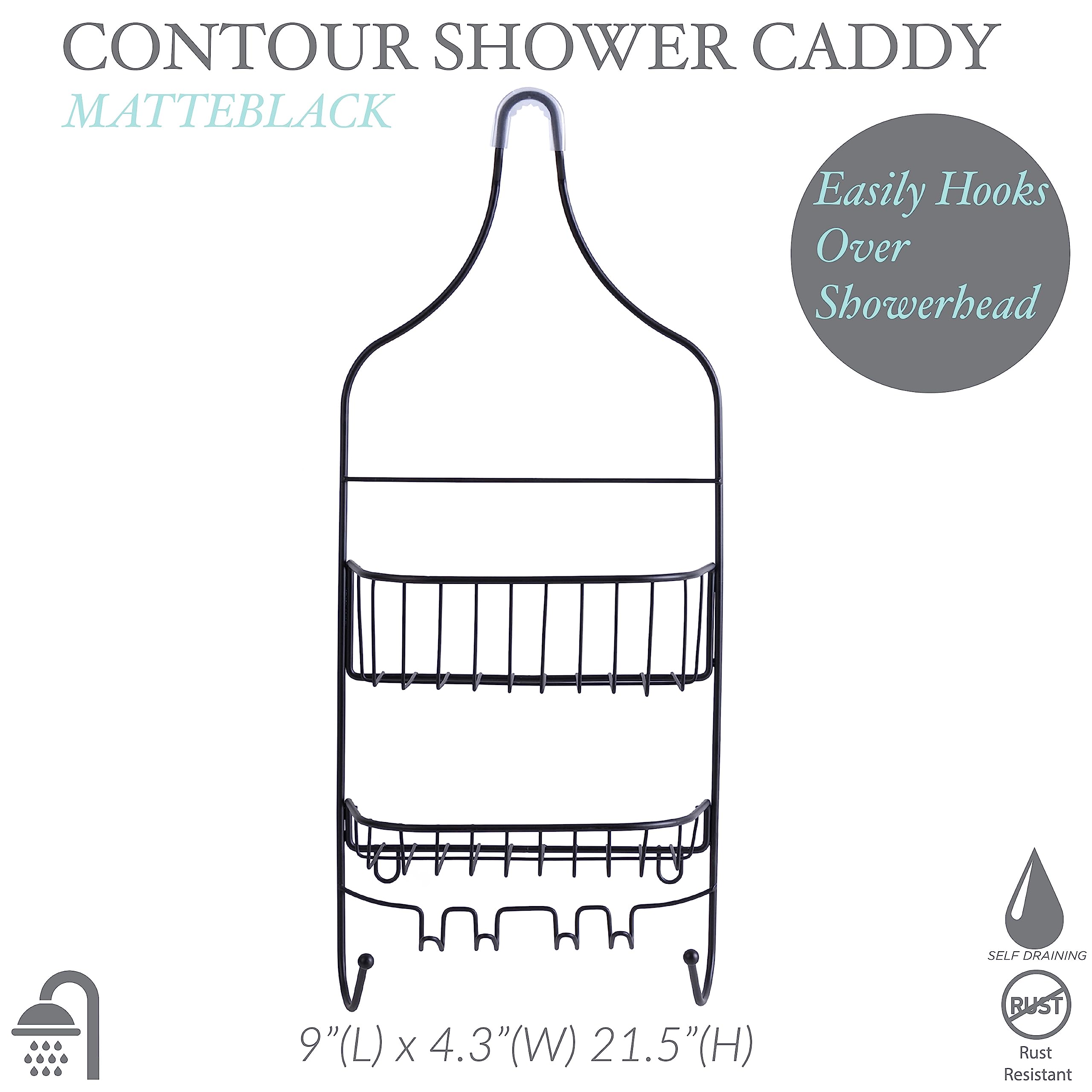 Bath Bliss Contour Shower Caddy | Dimensions: 9"x 4.3"x 21.5" | Hangs Over The Showerhead | Suction Cup Backing | All In One Caddy | Holds Shampoo | Conditioner | Lotion | Soap | Matte Black