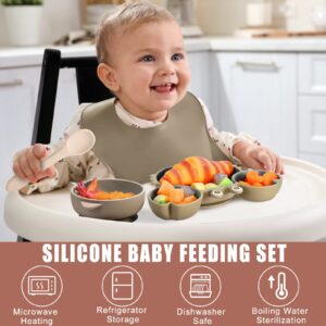 10 Pcs Baby Led Weaning Supplies, Silicone Baby Feeding Set with Divided Plate Adjustable Bib Suction Bowl Soft Spoon Fork, Toddler Self Eating Utensil Set (Khaki, Dark Gray)