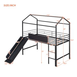 Harper & Bright Designs Twin House Loft Bed Metal House Bed Frame with Slide and Chalkboard, Low Loft Beds with Guardrail and Ladder, Twin Size Loft Bed for Kids Teens Girls Boys (Black)