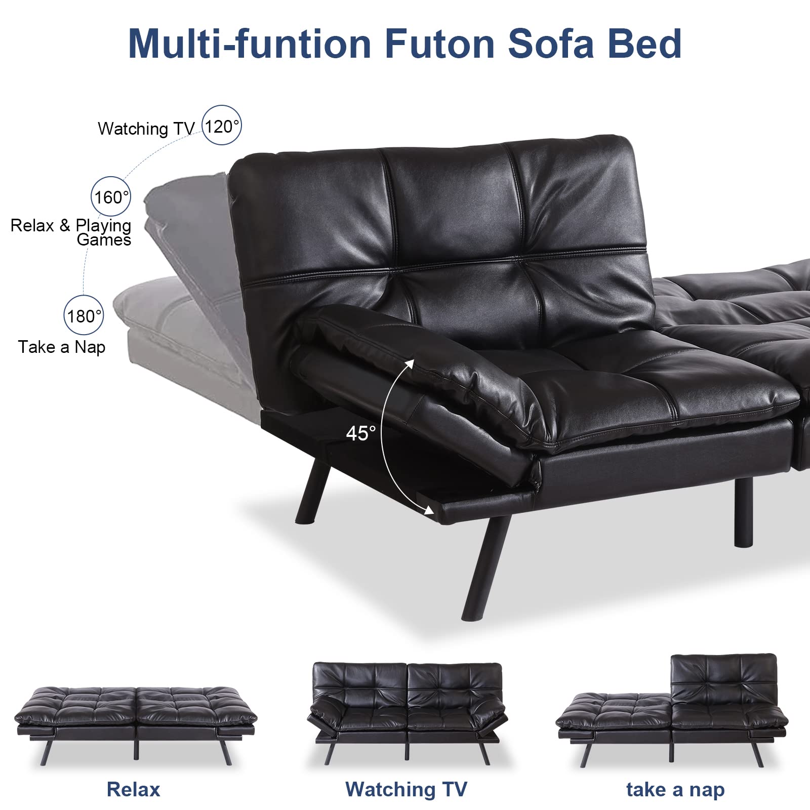 QAIIOO Futon Couch Modern Convertible Memory Foam, Faux Leather Loveseat Folding Sleeper Sofa Bed, Apartment, Dorm, Bonus Room, 71" D x 33" W x 31.5" H, Black new