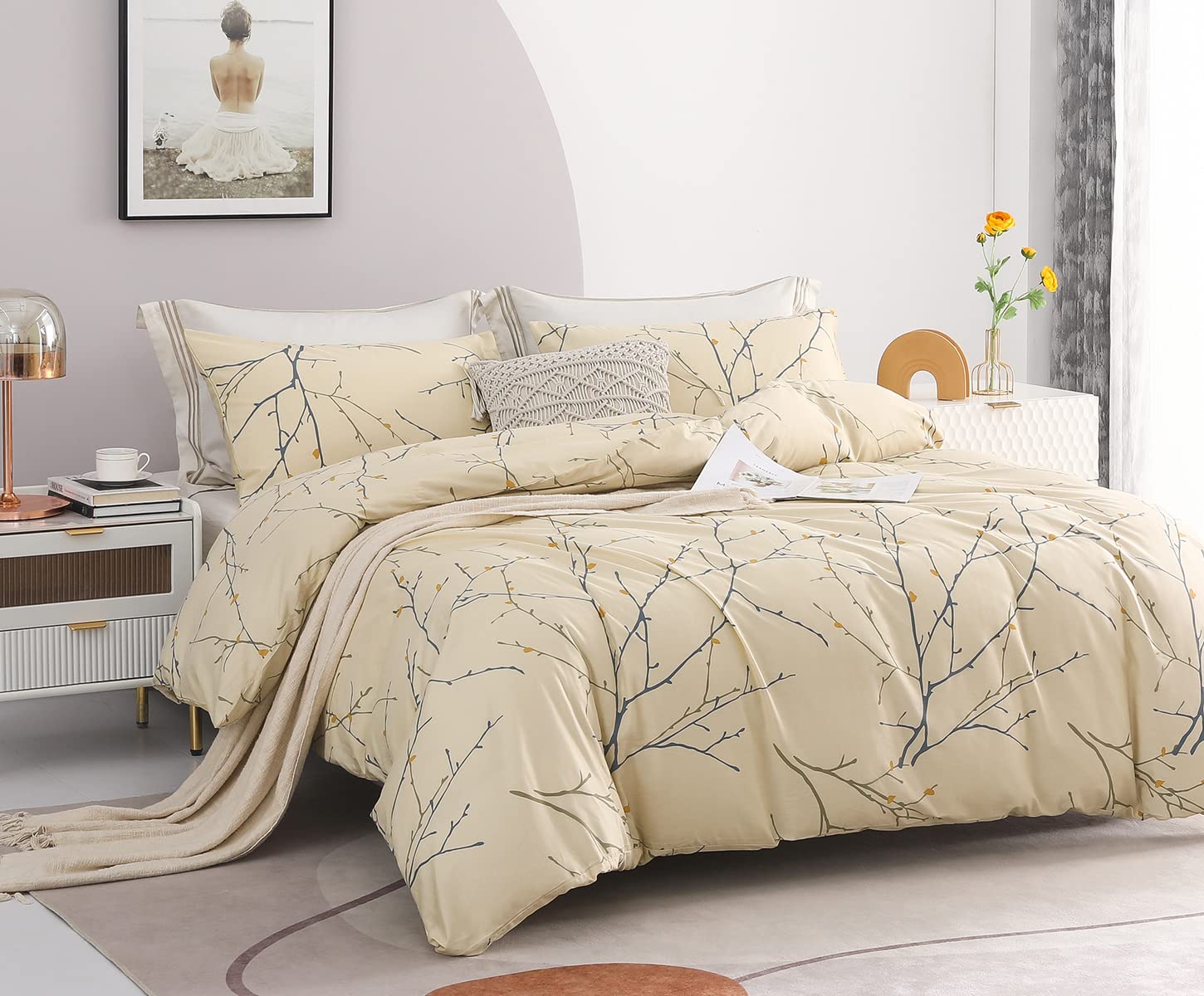 SLEEPBELLA Duvet Cover Full, 600 Thread Count Cotton Leaf Botanical Pattern Print Reversible Comforter Cover Set (Full, Teal Blue-Leaf)