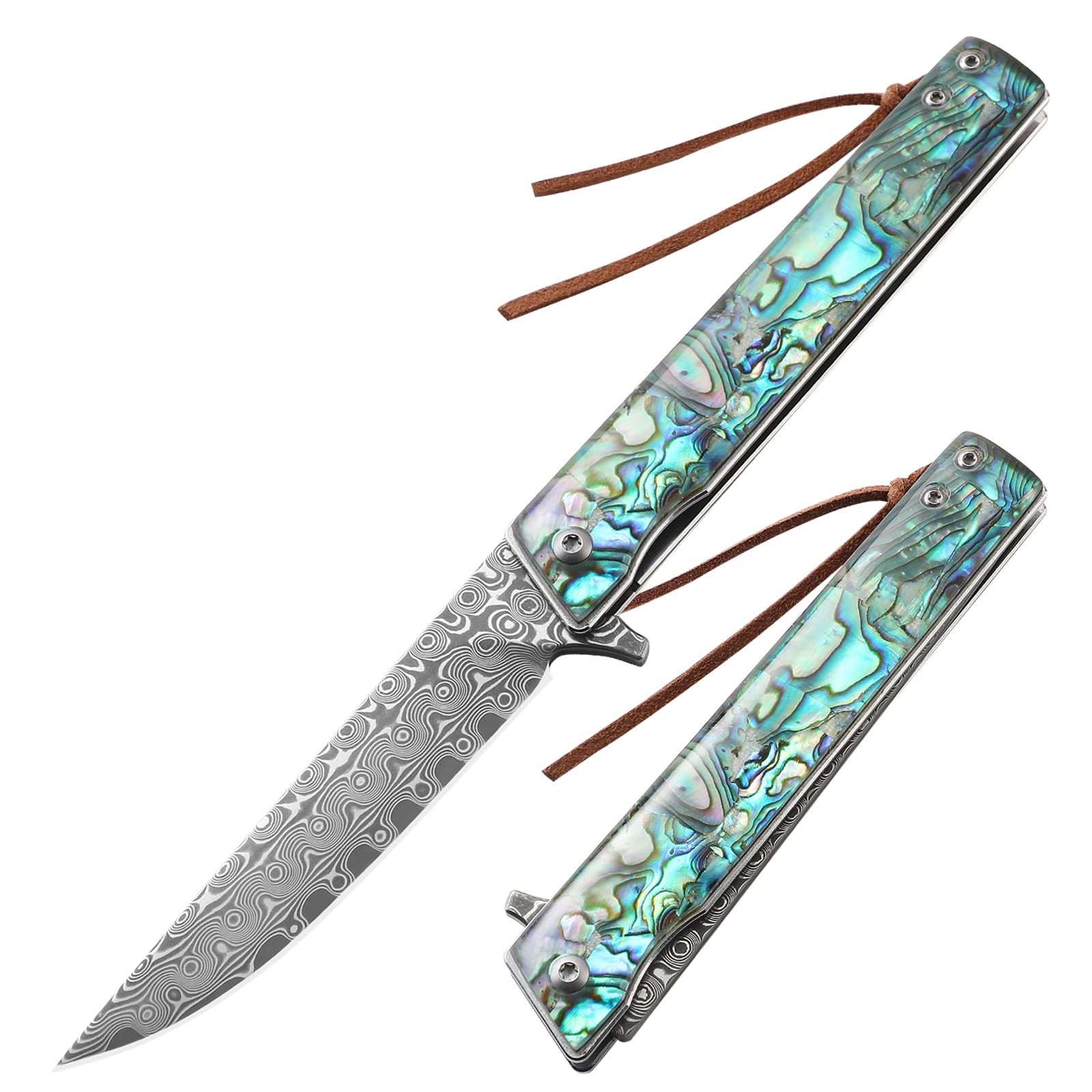 AUGENWEIDE Damascus Steel Pocket Knife, Abalone Handle, Damascus Knife with for Men, Great As Father's Valentine's Day Christmas Day Gift (C-ONLY A KNIFE)