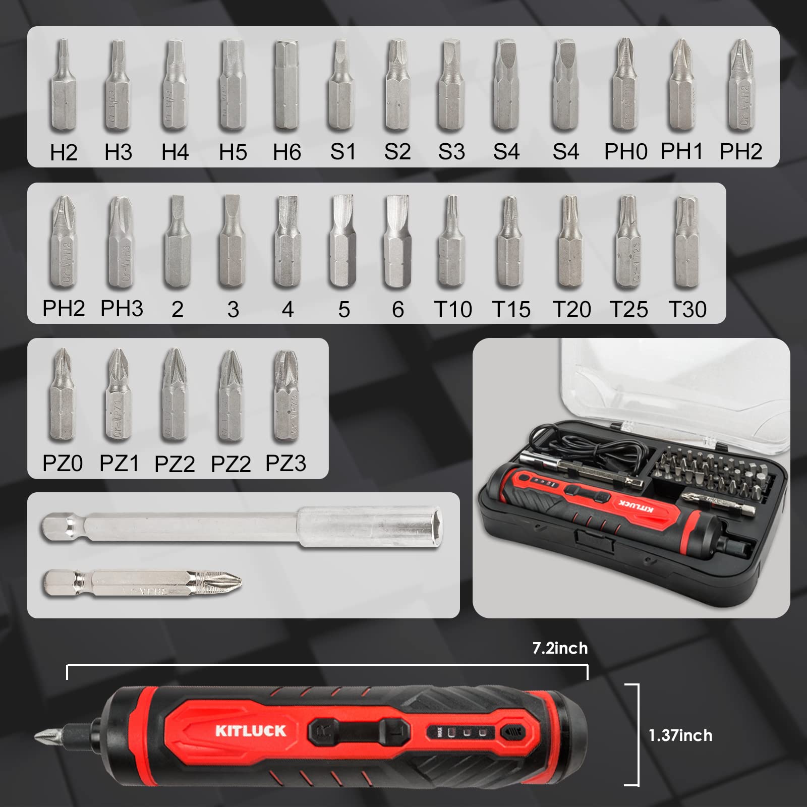 Electric Screwdriver, 4V Power Cordless Screwdriver Rechargeable Set with Li-ion Battery, 31 Bits&Extension Rod, 3 LED, 3 Adjustable Torque, Magnetic Hex Chuck, Mini Electric Screw driver Kit