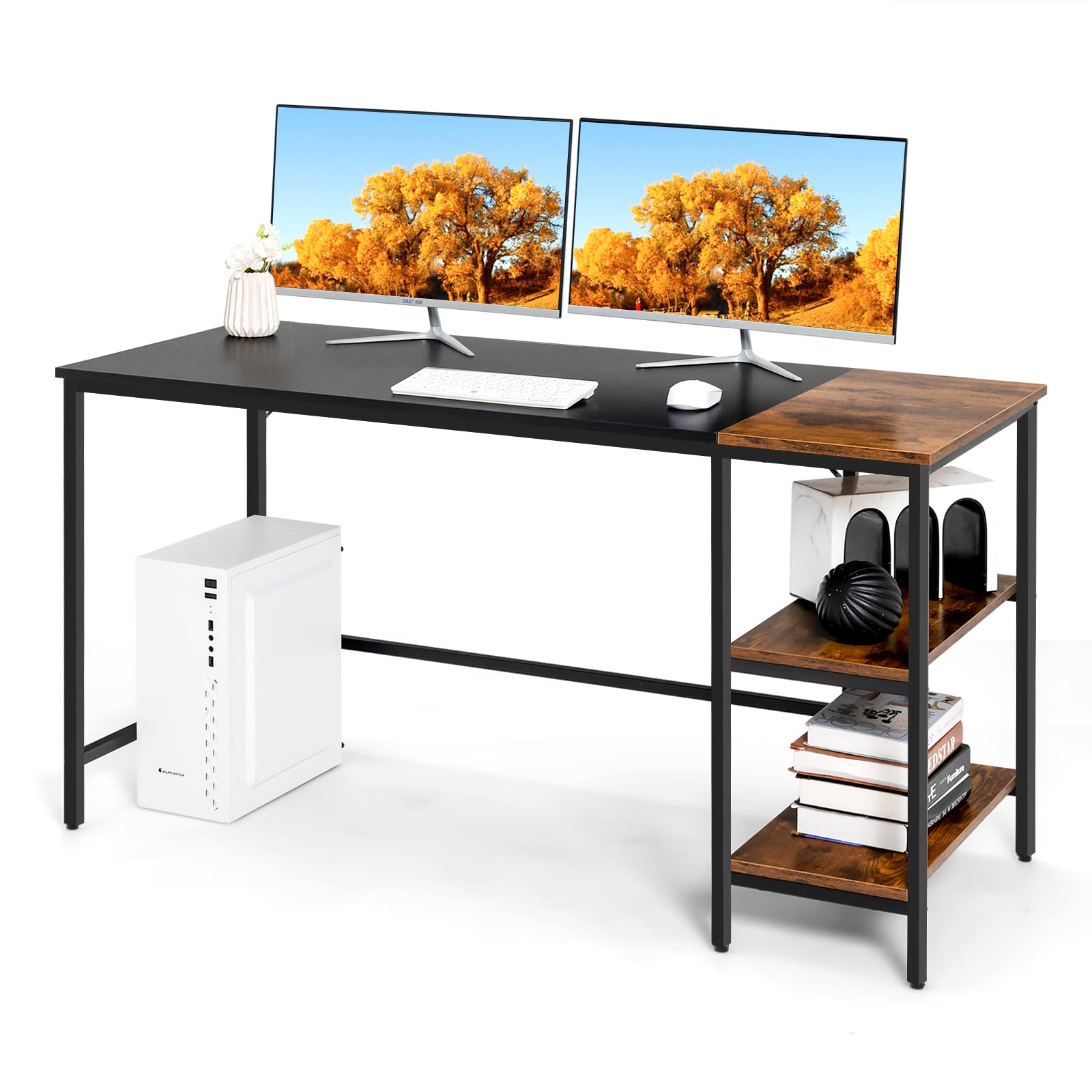 Multifunctional Computer Desk, Industrial Study Writing Desk w/Removable Storage Shelf, Heavy-Duty Metal Frame, 55 Inch Desk for Home Office, Gaming Room, Bedroom (Black)