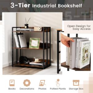 GOFLAME 3-Tier Bookshelf, Tall Bookcase Shelf with Metal Frame, Industrial Floor Storage Shelf Organizer, DIY Shelving Unit Display Rack for Study, Living Room, Kitchen, Rustic Brown