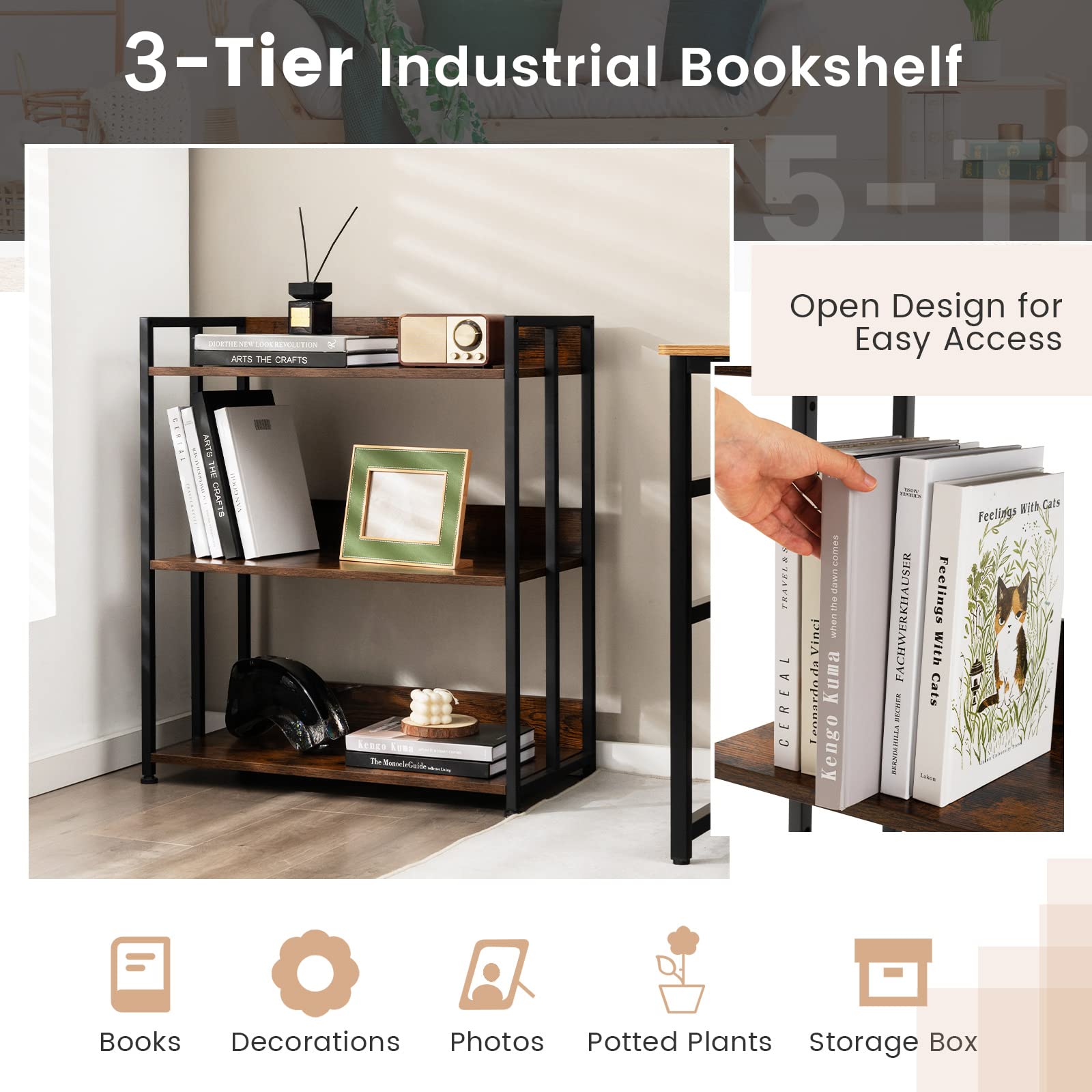 GOFLAME 3-Tier Bookshelf, Tall Bookcase Shelf with Metal Frame, Industrial Floor Storage Shelf Organizer, DIY Shelving Unit Display Rack for Study, Living Room, Kitchen, Rustic Brown