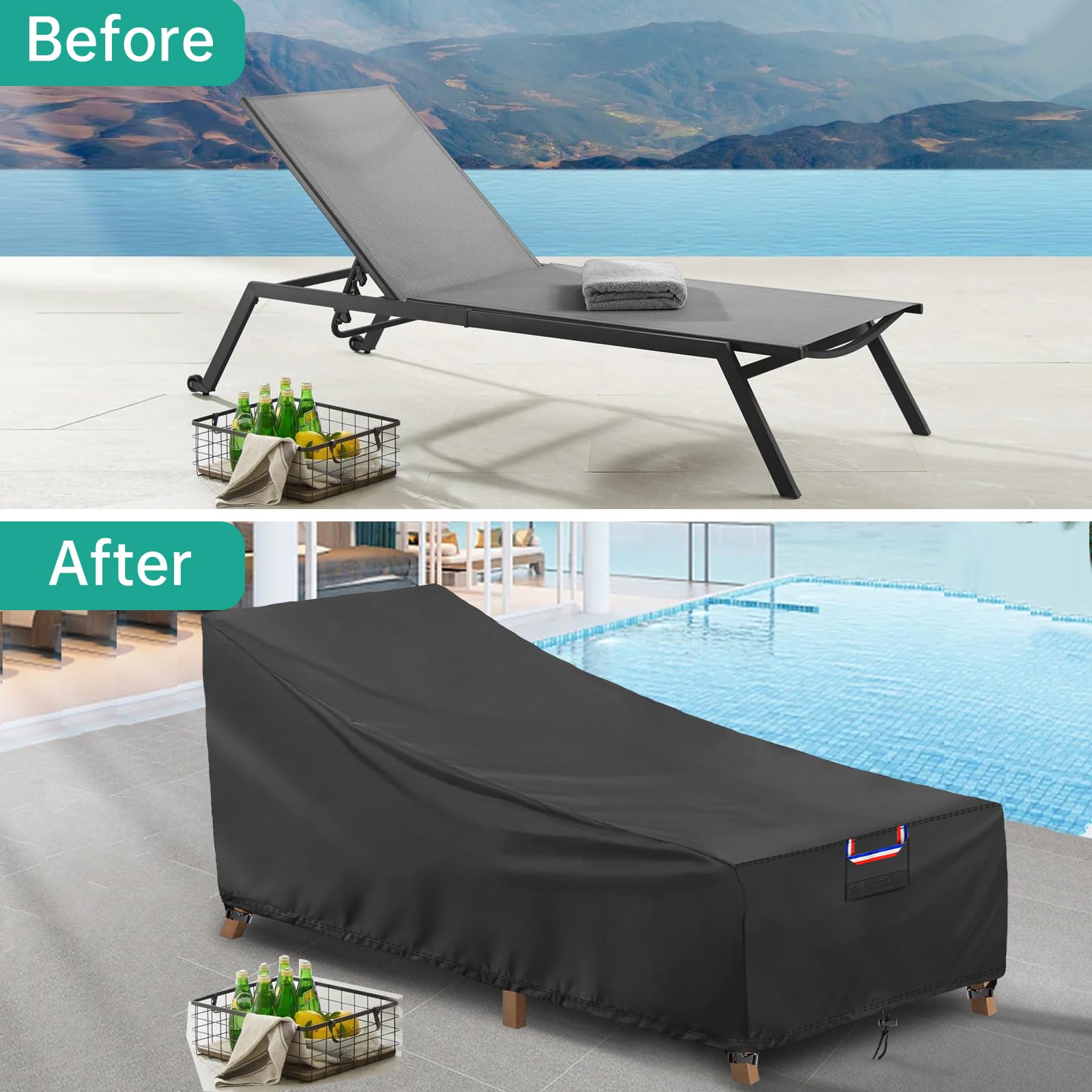 Outdoor Chaise Lounge Covers, Waterproof Patio Chaise Lounge Covers, Windproof Patio Furniture Cover with Air Vent for Poolside Beach, 2 Pack-68L x 30W x 30H inch