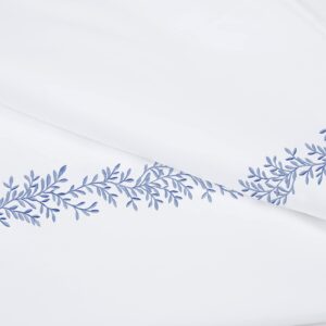 Melange Home Floral Embroidered Duvet Set Full and Queen Size White Sheet Set 600 Thread Count 100% Sateen Cotton Luxury Hotel Bedsheet - Oeko Tex Certified Deep Pocket - Blue Embroidered Piping