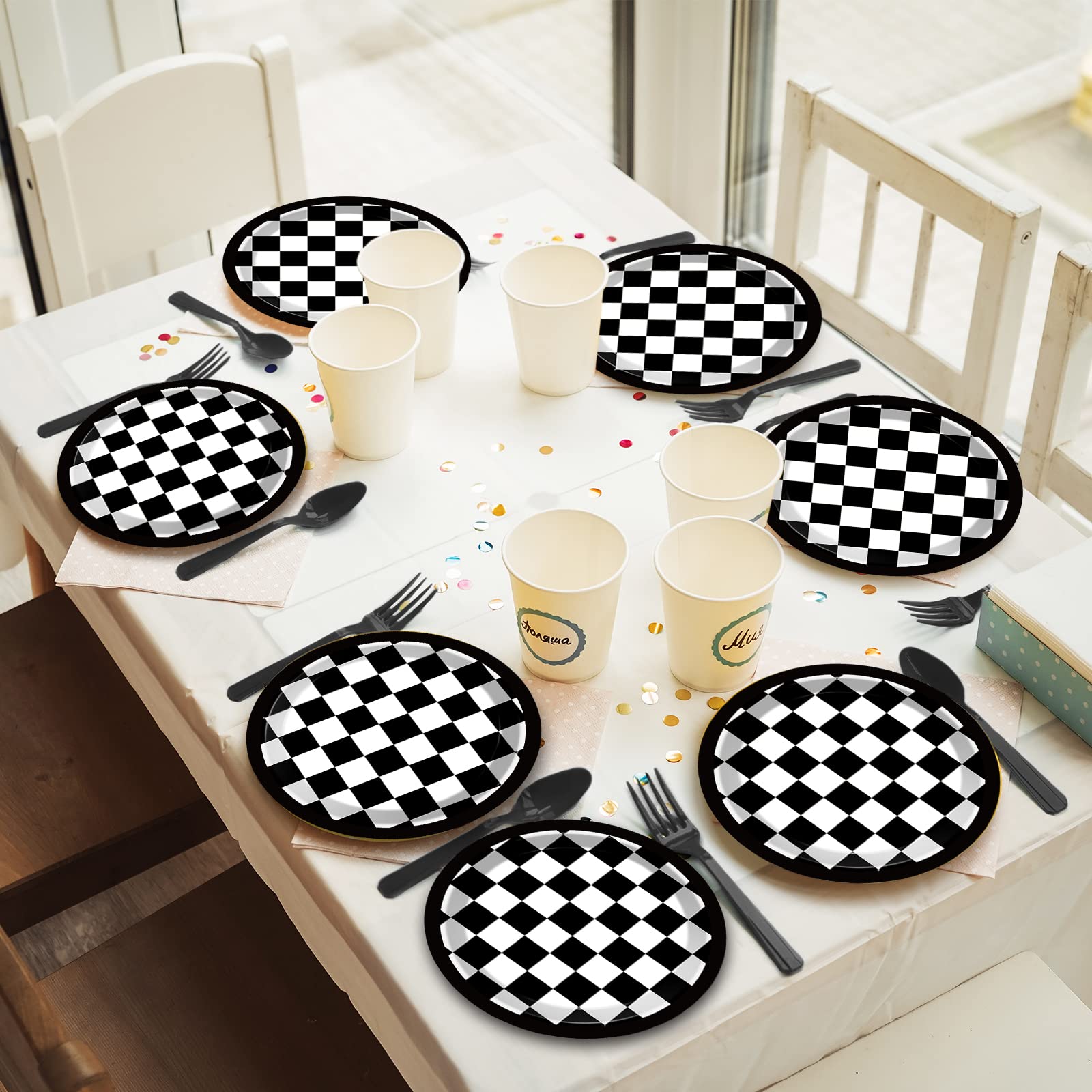 48 Pieces Black and White Checkered Flag Party Paper Plates for Race Car Party Supplies 7" Racing Car Theme Disposable Dessert Plates for Boys Men Birthday Baby Shower Race Fans Party Decorations