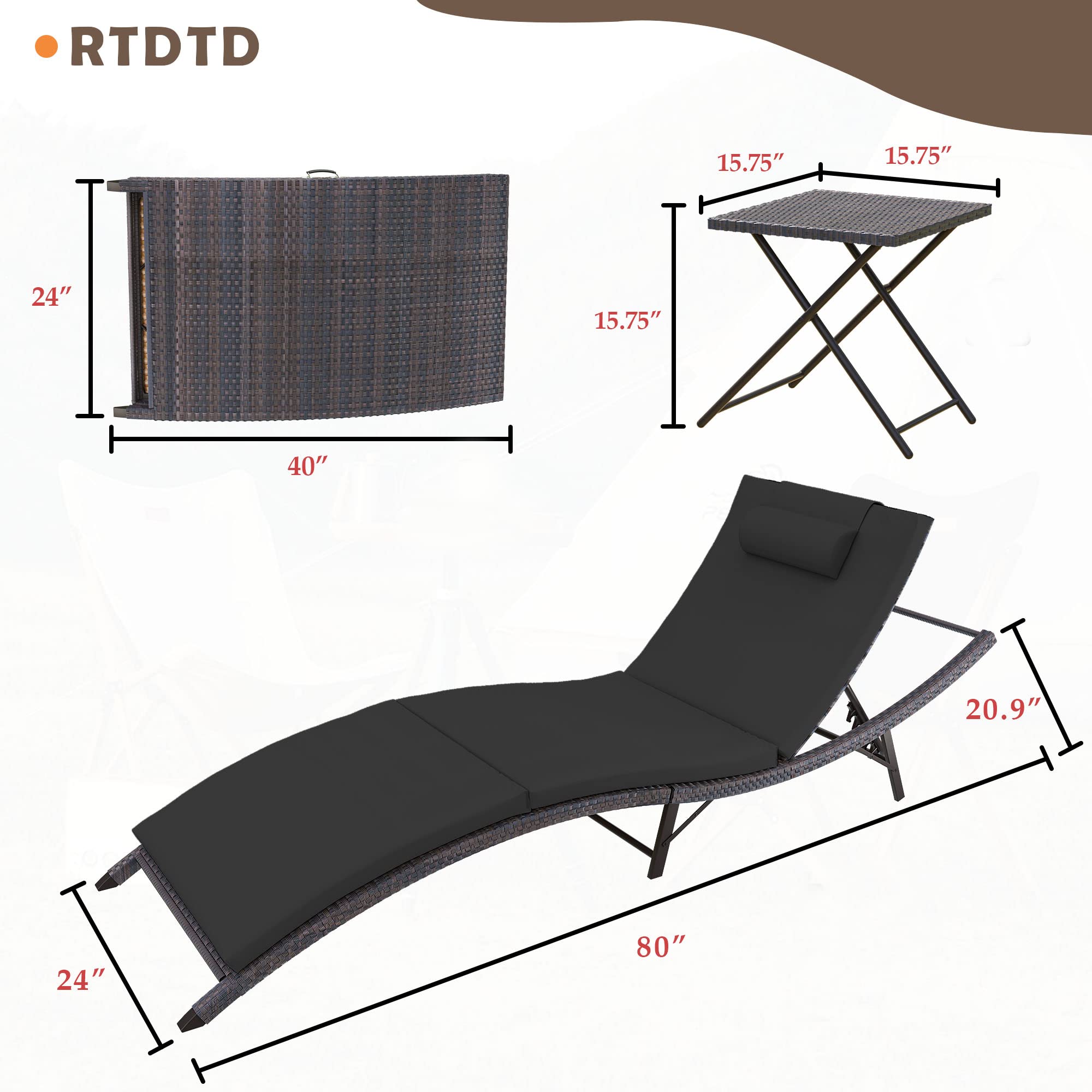 RTDTD 3 Pieces Patio Chaise Lounge Set Outdoor PE Rattan Lounge Chair Adjustable Backrest Reclining Chair with Folding Table and Cushion for Patio Poolside Backyard Porch Beach(Black)