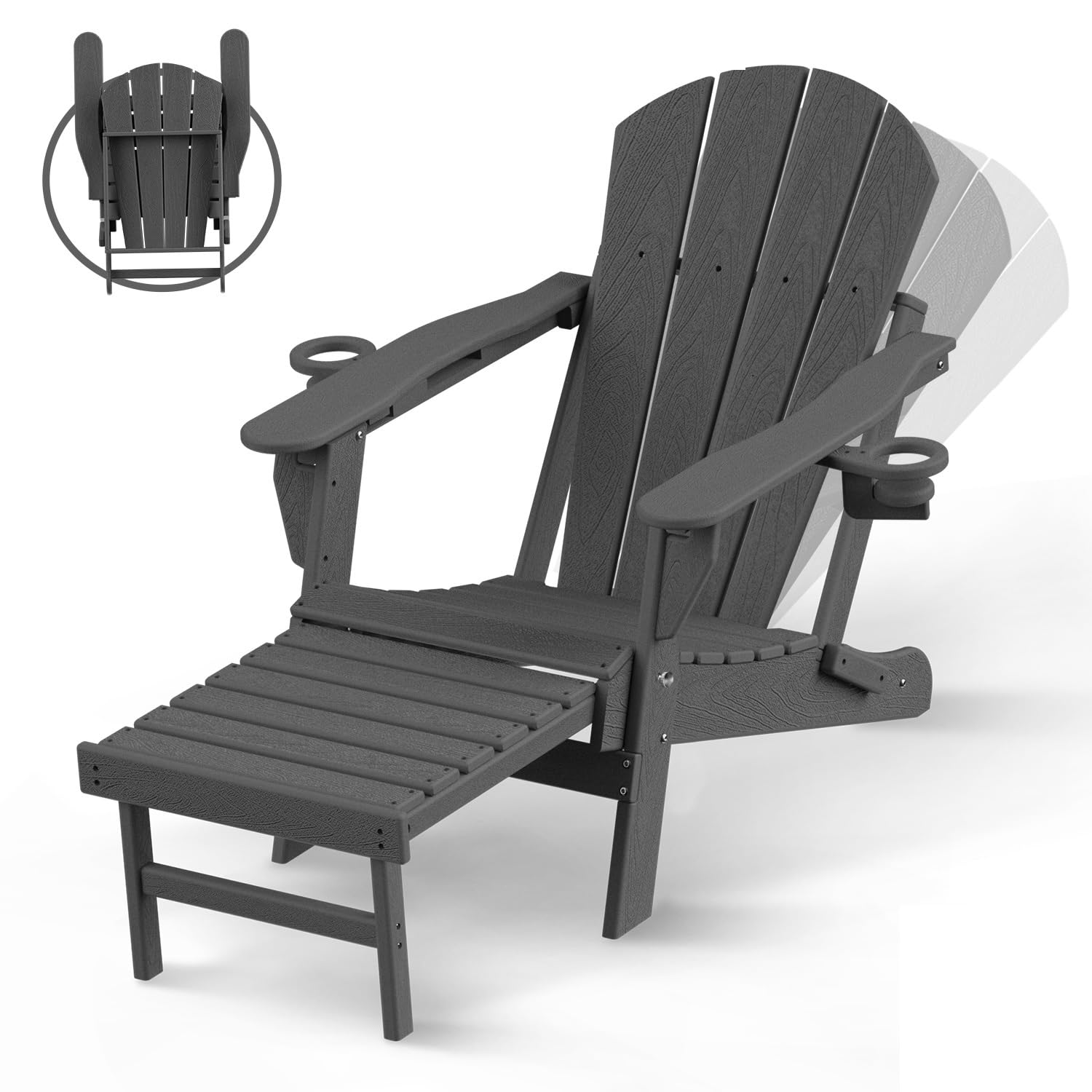 BRIOPAWS Folding Adirondack Chair with Adjustable Backrest & Ottoman, Wood Texture All-Weather HDPE Outdoor Chairs w/Cup Holders & Retractable Footrest for Poolside, Fire Pit, Campfire, Deck, Grey