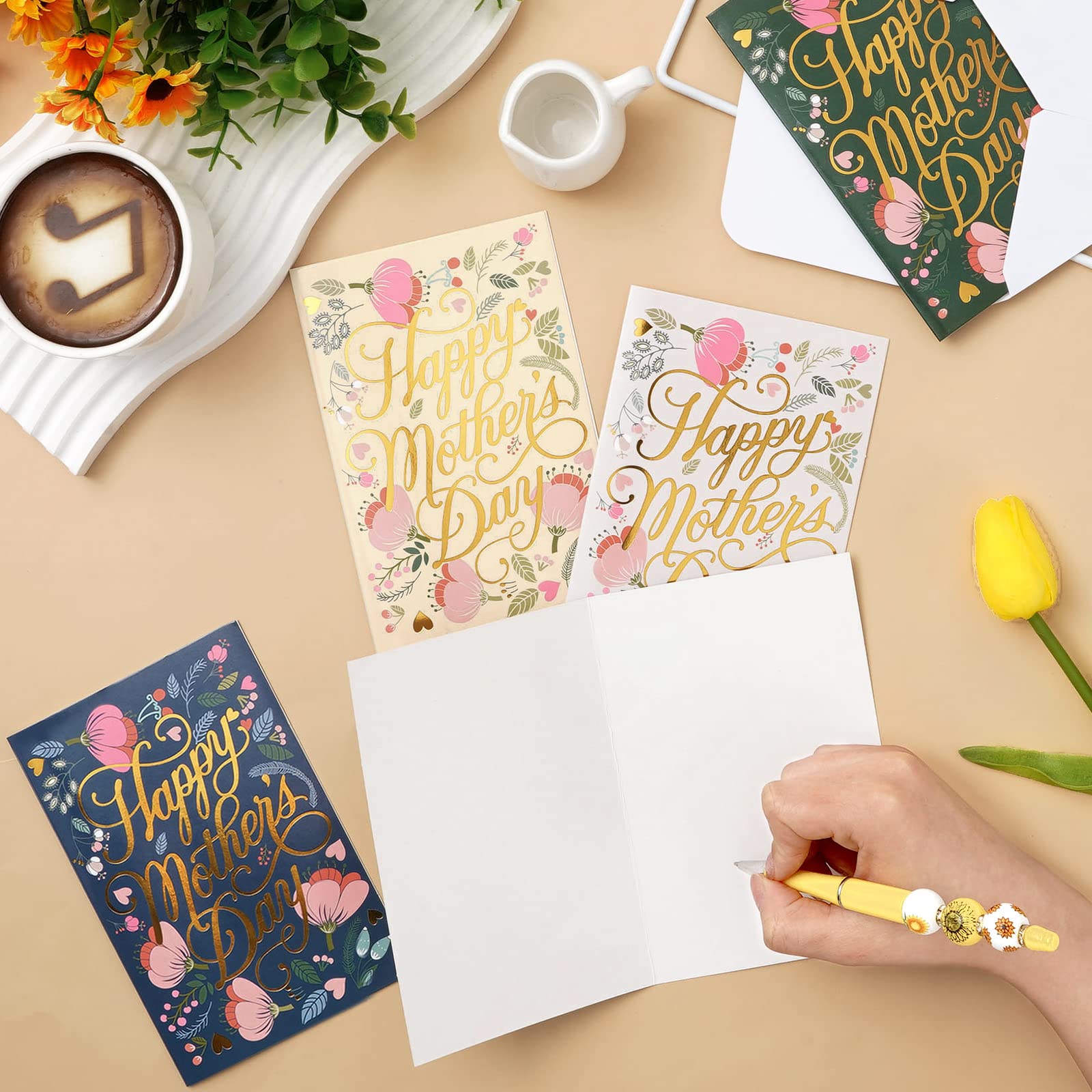 AnyDesign Greeting Card, 16 Pack Foil Gold Mother's Day Card with Stickers & Envelopes, Floral Blank Note Cards Assortment for Birthday Celebration, 4 x 6 Inch