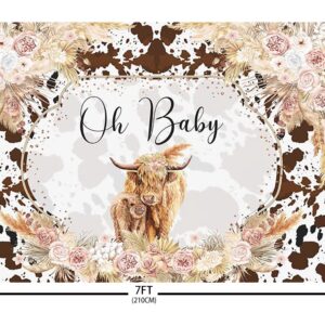 AIBIIN 7x5ft Highland Cow Baby Shower Backdrop Holy Cow Oh Baby Party Decorations for Boys Girls Pink Boho Floral Brown Highland Cattle Farm Photography Background Banner Photo Props