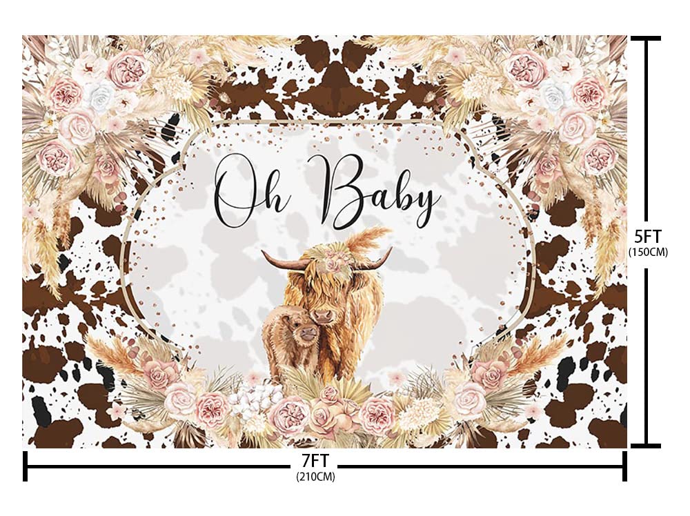 AIBIIN 7x5ft Highland Cow Baby Shower Backdrop Holy Cow Oh Baby Party Decorations for Boys Girls Pink Boho Floral Brown Highland Cattle Farm Photography Background Banner Photo Props