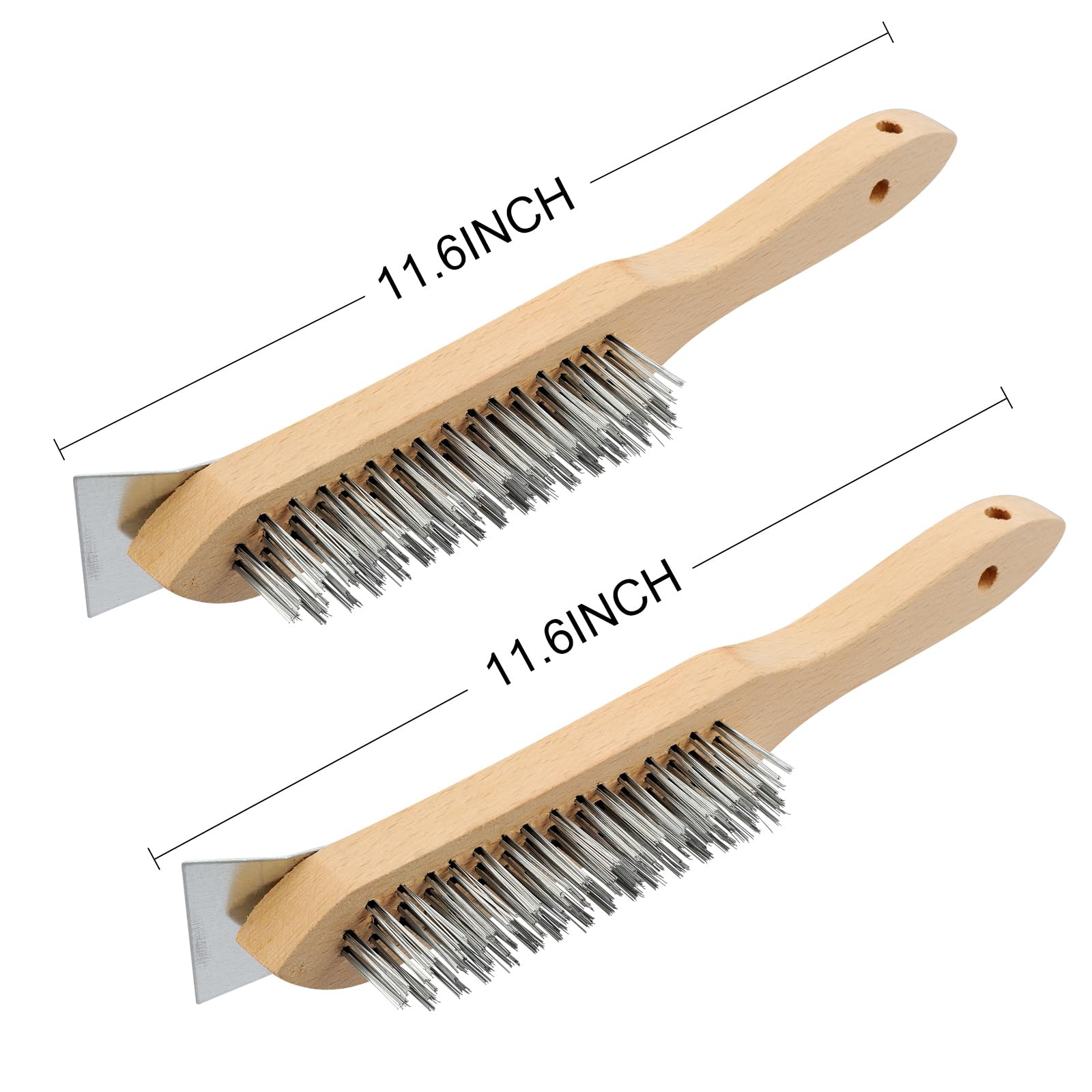 MAXMAN Stainless Steel Wire Scratch Brush, 12 Inch Wooden Handle Wire Brushes with Metal Scraper, Heavy Duty Wire Brushes for Cleaning Rust, Paint Scrubbing, Dust and Other Hard Surfaces 2 Pieces