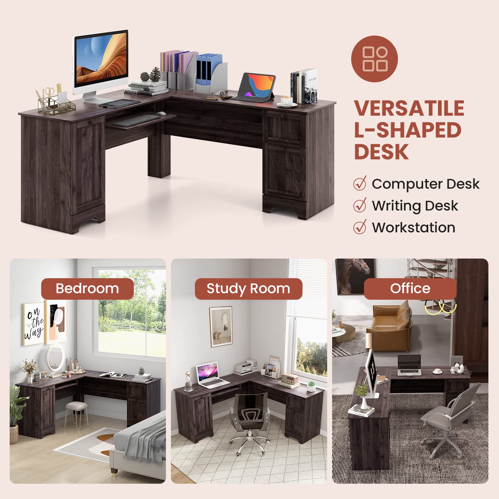 Tangkula L-Shaped Office Desk with Storage Drawers & Keyboard Tray, Home Office Corner Computer Desk with Cabinet & Inner Adjustable Shelf, Space-Saving Study Writing Desk, Computer Workstation