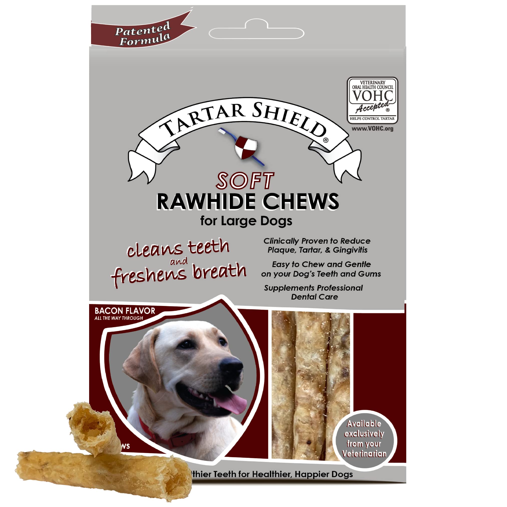 Tartar Shield Soft Rawhide Chews | Safe Dental Treats for Large Dogs | Vet VOHC Approved | Daily Bone Cleans Teeth & Gums Fresh Breath Oral Health Support | USA Made | (Large Dogs / 8 Count)