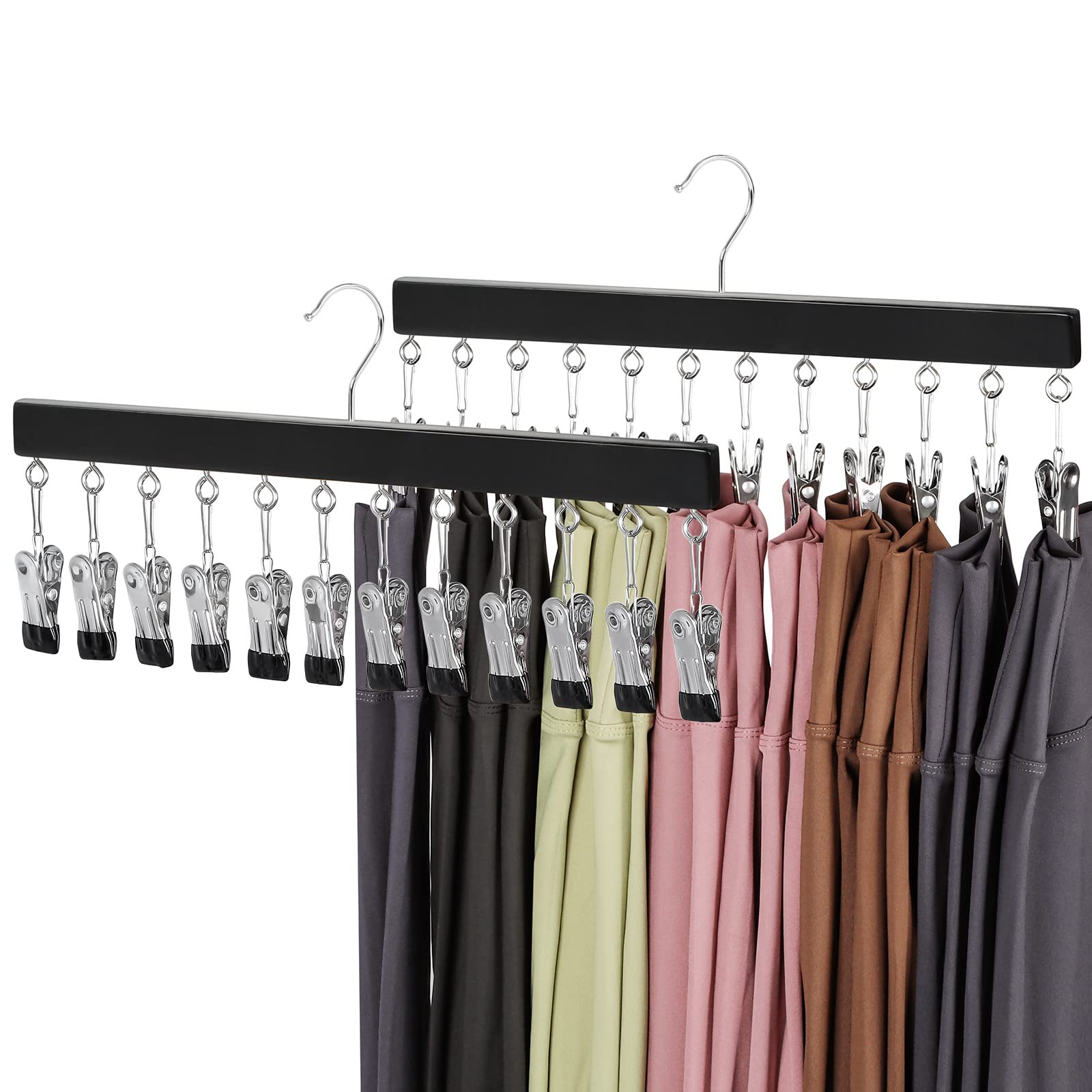 TOPIA HANGER Legging Organizer for Closet, Black Wooden Hangers with 12 Metal Clips, 2 Packs Hold Up to 24 Pants, Hangers Space Saving, Closet Organizer for Hats, Skirts, Tank Tops, Ties-CT39B