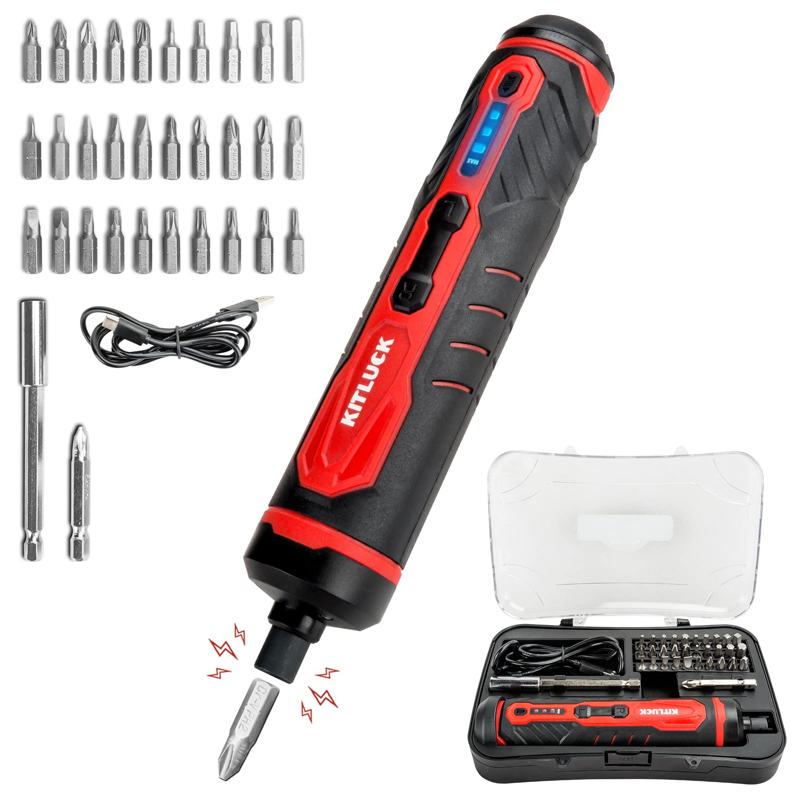 Electric Screwdriver, 4V Power Cordless Screwdriver Rechargeable Set with Li-ion Battery, 31 Bits&Extension Rod, 3 LED, 3 Adjustable Torque, Magnetic Hex Chuck, Mini Electric Screw driver Kit