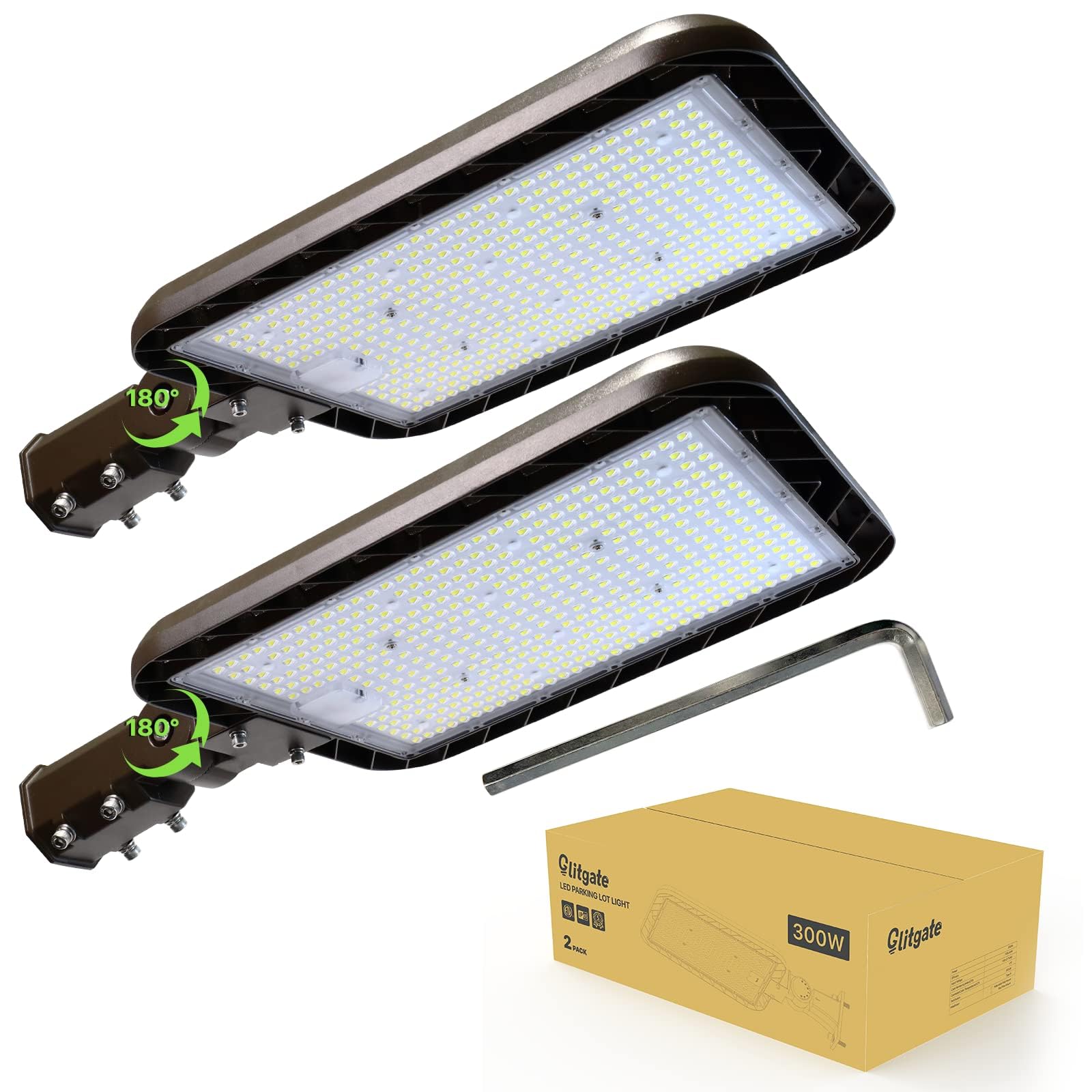 Glitgate 300W LED Parking Lot Lights, 45000LM 5000K Adjustable Slip Fitter Mount Street Lights with Dusk to Dawn Photocell, 100-277V IP65 Waterproof Commercial Area Lighting ETL Listed 2 Pack