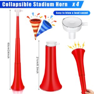 4 Pieces Collapsible Stadium Horn 24 Inch Vuvuzela Plastic Trumpet Horn Blow Horn Noisemakers for Sporting Events Graduation Games School Sports Party Supplies Favors Accessories (Red)