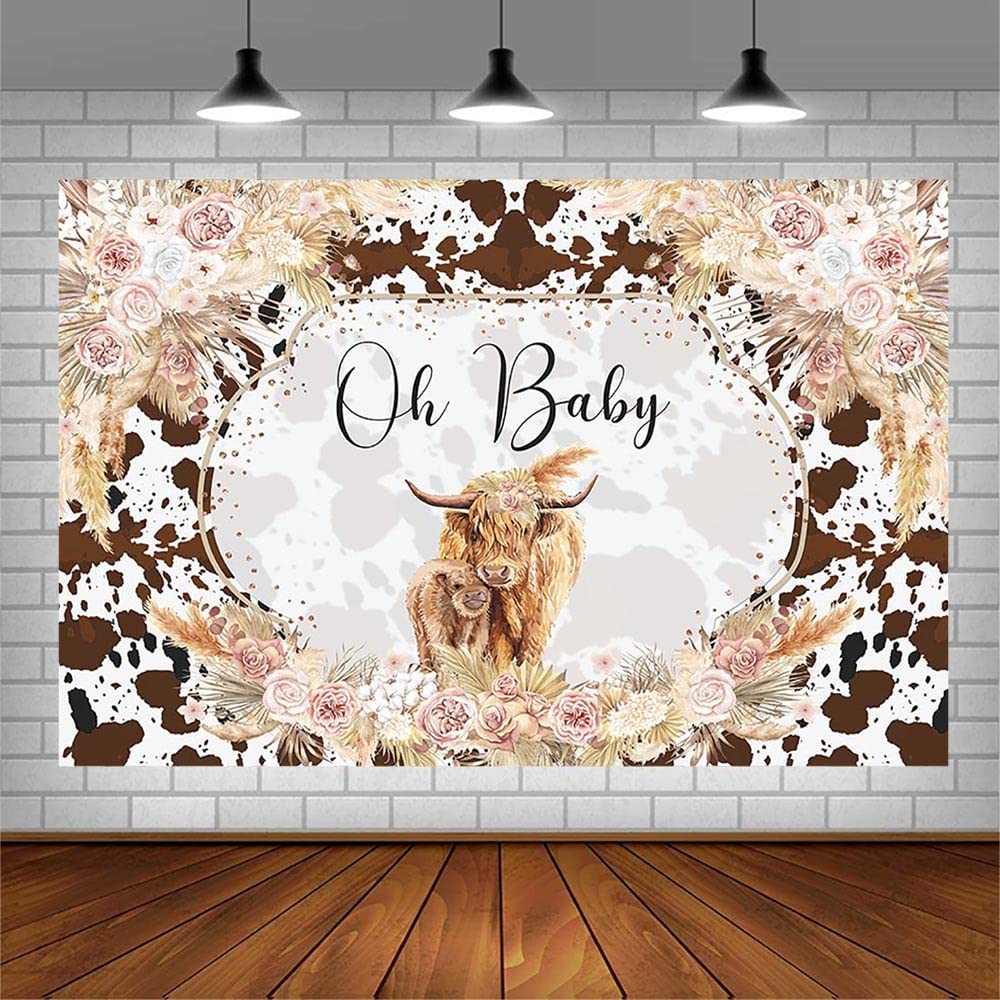 AIBIIN 7x5ft Highland Cow Baby Shower Backdrop Holy Cow Oh Baby Party Decorations for Boys Girls Pink Boho Floral Brown Highland Cattle Farm Photography Background Banner Photo Props