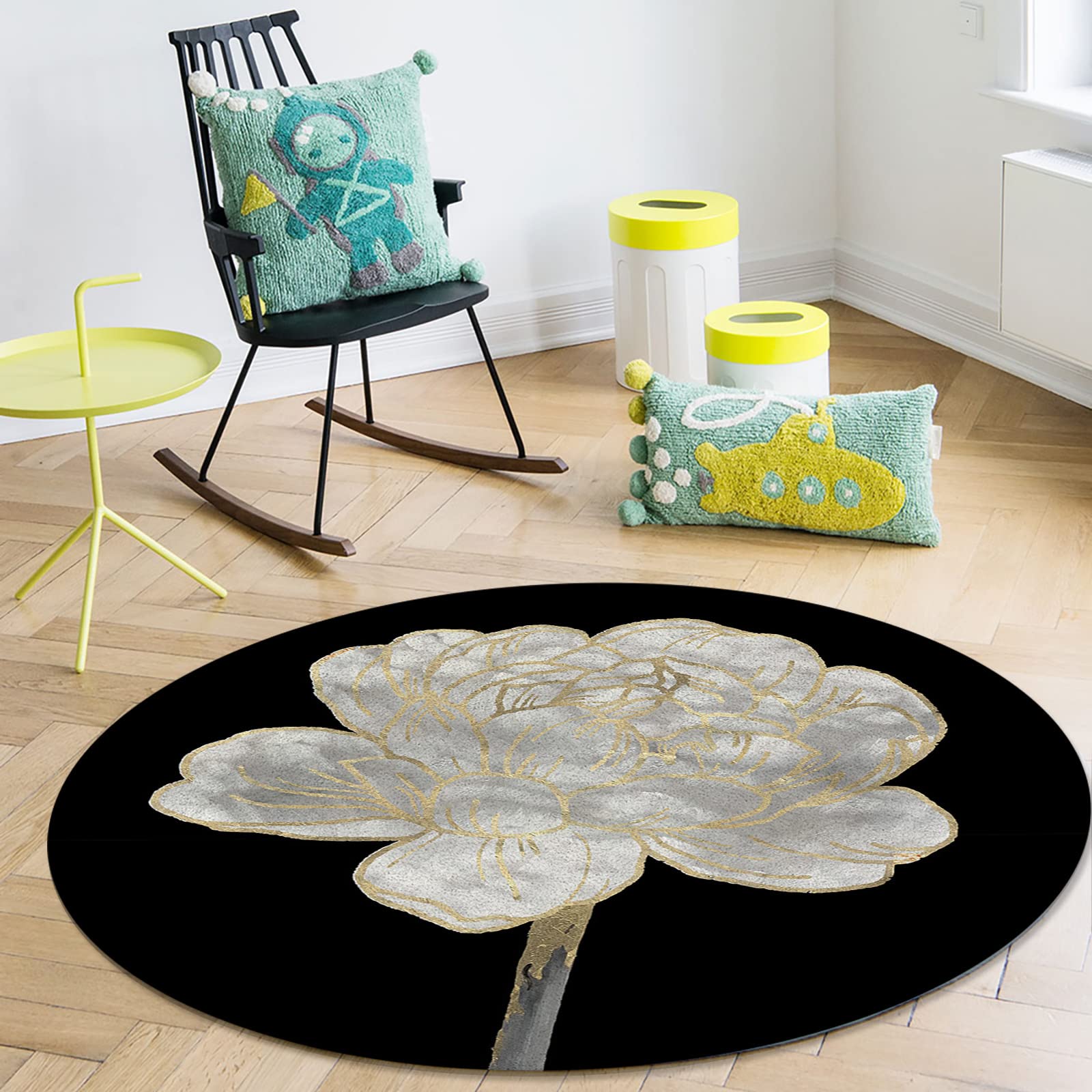 Abstract White Floral Round Area Rug 3.3ft,Washable Outdoor Indoor Carpet Runner Rug for Bedroom,Kitchen,Living Room,Spring Botanical Flower Gold Line Black Area+Rug Small Bath Door Desk Floor Mat