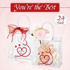 Thenshop 24 Pcs Nurse Gift Bags 7.8x7.8x3.15 in PVC Clear Gift Bags with Handles CNA Week Gifts Bulk 2024 Nurse Gift Bag Wedding Gifts Appreciation Gifts for Doctors Healthcare Hospital Worker Party