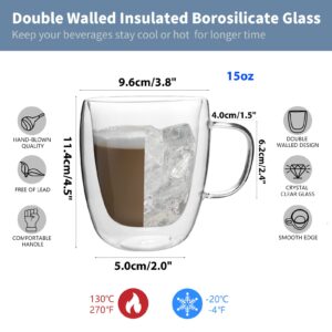 HORLIMER 15 oz Double Walled Glass Coffee Mugs Set of 2, Clear Insulated Coffee Cup with Handle for Espresso Cappuccino Latte Tea Milk Juice